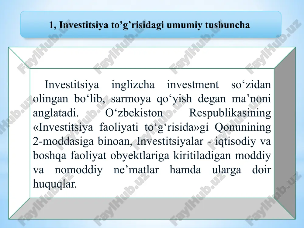 aniqrog‘i, foizlarni hisoblash demakdir. diskontlash korxonaga investor qancha miqdorda eng ko‘p moliyaviy resurslar sarflashi va eng ko‘p darajada qancha daromad olishini aniqlashga imkon yaratadi. ushbu holatda diskontlash formulasi quyidagicha: joriy qiymat aniq bo‘lsa kq= jq *(1+p)n diskontlash formulasi yordami bilan sarflangan sarmoyaning qoplanish muddatlarini va uning sotuvning dastlabki narxi sifatida baholanuvchi jq hajmini aniqlash mumkin. jq= kq/(1+p)n jq – dastlabki kapital miqdori kq – davr oxiridagi kapital (investitsiya miqdori) p – foiz stavkasi n-yillar uzoq umr ko’ring e’tiboringiz uchun raxmat image1.png image2.png image5.jpeg image6.jpeg image7.png image3.jpeg image9.jpeg image10.png image12.jpeg image13.wmf /docprops/thumbnail.jpeg