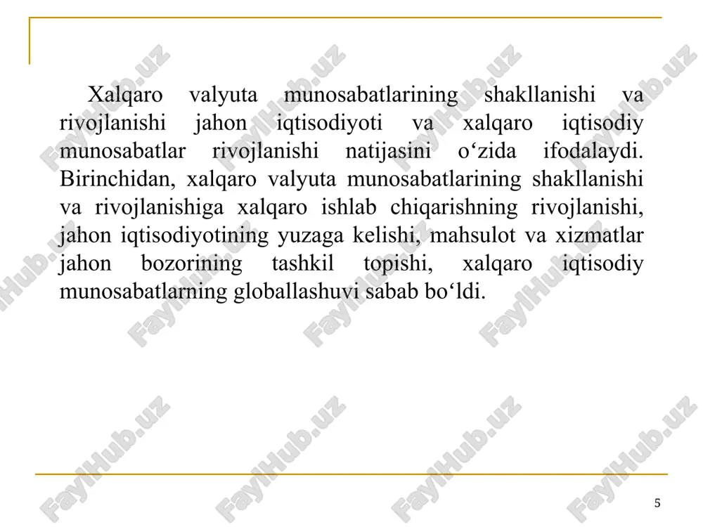 iya tizimida sezilarli o’zgarishlarga olib keladi. xalqaro valyuta munosabatlarining asosiy va eng muhim funktsiyalari quyidagilar hisoblanadi: valyuta oqimlarini jamg’arma shaklida to’plash va ularni investitsiyalash; valyuta resurslariga narxlarni shakllantirish. * * 2. valyuta kursi va uning turlari valyuta kursi(exchange rate) bir mamlakat pul birligining ikkinchi bir mamlakat valyutasiga nisbatan bahosi hisoblanadi. valyuta yoki ayriboshlash kursi ma’lum bir mamlakatni tashqi dunyo bilan bog’lab turadi, shuningdek milliy iqtisodiyot holatini tashqi dunyo bilan taqqoslash, xalqaro iqtisodiy operatsiyalar samaradorligini baholash imkonini beradi. valyuta kursi mamlakatning joriy iqtisodiy, ijtimoiy va siyosiy holati va istiqboldagi rejalari toʻg’risidagi barcha ma’lumotlarni oʻzida mujassam etadi. iqtisodiyoti nisbatan ochiq mamlakatlar uchun valyuta kursi muhim ko’rsatkichlardan hisoblanadi. chunki uning iqtisodiyotga bevosita yoki bilvosita ta’sir etishi, valyuta kursidagi keskin oʻzgarishlar esa, milliy iqtisodiyotda inqirozli holatlarni yuzaga keltirishi mumkin. * valyutalarni oldi-sotdi qilish bo’yicha bitim tuzayotganda spot va forvard valyuta kurslaridan foydalaniladi. spot kurs (spot rate)–valyuta oldi-sotdi bitimini tuzish paytida belgilangan, valyuta bozoridagi talab …