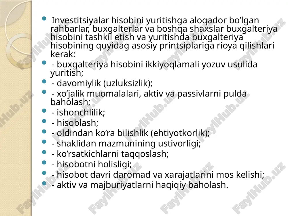 - 400000 so’m. • obligatsiyaning balans qiymati hisobdan chiqarildi: d-t 9220-«boshqa aktivlarning realizatsiyasi va boshqacha chiqib ketishi» - 500000 so’m k-t 0610-«qimmatli qog’ozlar» - 500000 so’m. • sotishdan olingan zarar (500000 - 400000) = 100000 so’m: d-t 9430-«boshqa operatsion xarajatlar» - 100000 so’m k-t 9220-«boshqa aktivlarning realizatsiyasi va boshqacha chiqib ketishi» - 100000 so’m. e’tiboringiz uchun rahmat! image2.png image3.png image4.png image5.png image6.gif image7.gif image8.gif image9.gif image10.jpeg image11.jpeg image12.jpeg image13.jpeg image14.gif /docprops/thumbnail.jpeg