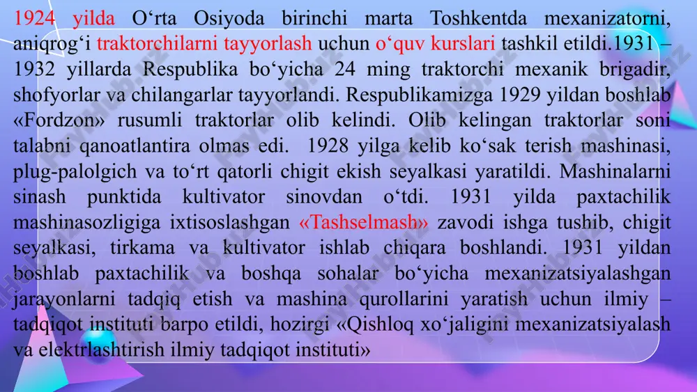larni purkagich va changlatgichlar, ranetsli, pnevmatik va traktorlarga o‘rnatishga yoki traktorlar bilan shatakka olishga mo‘ljallangan purkagich va changlatgichlar; o‘ziyurar mashinalar; ularning agregat va uzellari: 6. hosilni yig‘ishtirish mashinalari: hosilni yig‘ishtirish mashinalari, shu jumladan g‘alla o‘rish va paxta terish kombaynlari, maydalash mashinasi yoki mexanizmlari, ko‘rak yig‘ish mashinalari, ko‘sak chuviydigan mashinalar, g‘o‘za poyalarini yig‘ishtirgich va maydalagichlar, qator oralarining o‘roq mashinalari (meva va boshqa qishloq xo‘jaligi mahsulotlarini tozalash, navlarga ajratish uchun o‘ziyurar mashinalar); makkajo‘xori o‘rish kombaynlari; kartoshka yig‘ishtirish kombaynlari; qulupnay va ildizmevalilarni yig‘ishtirish mashinalari, lavlagi poyasini kesish mashinalari va lavlagi yig‘ishtirish mashinalari, silosni o‘rib-yig‘ish mashinalari; uzum yig‘ishtirish kombaynlari; ularning agregat va uzellari 7. yuklash-tushirish vositalari: qishloq xo‘jaligida foydalanish uchun maxsus mo‘ljallangan ko‘tarish, ko‘chirish, yuklash yoki tushirish mashinalari va qurilmalari; bir kovshli yuklagichlar;qishloq xo‘jaligi traktorlariga osib ishlatiladigan yuklagichlar;ularning agregat va uzellari. 8. o‘t o‘rish, pichan va poxol tayyorlash mashinalari: traktorlarga taqiladigan, tirkaladigan va o‘rnatiladigan o‘roq mashinalari;pichan tayyorlash mashinalari: aylantirgich, yon xaskashlar va pichan ag‘dargichlar;pichan …