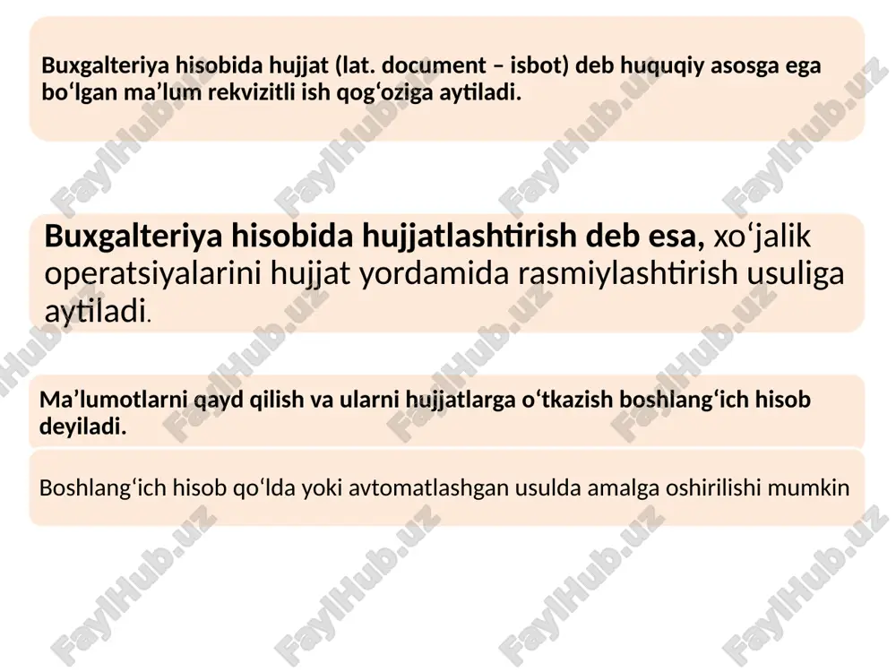 harflari yoxud boshqa rekvizitlari ko`rsatilgan holda lavozimlari nomi va imzolari». o‘zbekiston respublikasi «buxgalteriya hisobi to‘g‘risidagi» qonunining 14-moddasiga muvofiq dastlabki hujjatlarning majburiy rekvizitlari quyidagilardir: shuningdek, o‘zbekiston respublikasining «elektron hujjat aylanishi to‘g‘risida»gi qonunning 6-moddasiga muvofiq elektron hujjatning majburiy rekvizitlari quyidagilardan iborat: elektron raqamli imzo; elektron hujjatni jo‘natuvchi yuridik shaxsning nomi yoki elektron hujjatni jo‘natuvchi jismoniy shaxsning familiyasi, ismi, otasining ismi; elektron hujjatni jo‘natuvchining pochta va elektron manzili; – hujjat yaratilgan sana. zarur hollarda hujjatlarga qo‘shimcha rekvizitlar kiritilishi mumkin. bular: mazkur xo‘jalik muomalasida ishtirok etayotgan korxona (tashkilot, muassasa, bank, xaridor) nomi va manzili xo‘jalik muomalasining amalga oshirish uchun asos bo‘luvchi hujjat va sh.o‘. hujjatning shakli deganda unda rekvizitlarning tarkibi va joylashtirilishi tushuniladi. hujjatlarni rasmiylashtirish, tekshirish va ularga ishlov berish hujjatlar buxgalteriya schotlariga yozilishidan oldin dastlabki tekshirish, qabul qilish va buxgalteriya ishlovidan o‘tkaziladi. hujjatlarni tekshirishning quyidagi turlari mavjud: hujjatlarni tekshirish turlari mohiyatiga ko‘ ra tekshirish shaklan tekshirish arifmetik tekshirish qarama - qarshi tekshirish hujjatlarni …