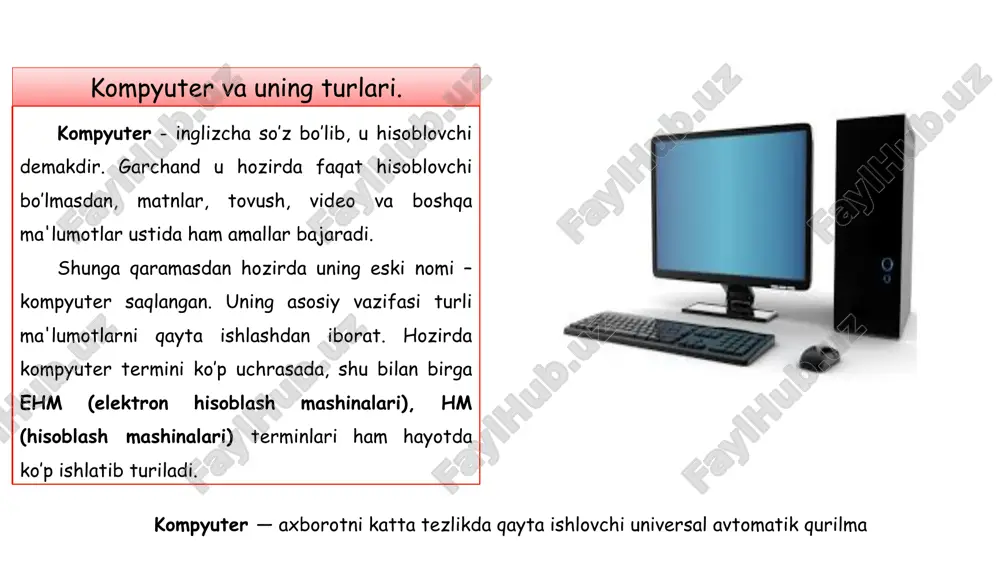 necha turi mavjud: barabanli; 2) planshetli; 3) qo‘l skaneri. skaner tovushli axborotlarni uzatuvchi qurilmalar ovoz kuchaytirgich, mikrofon, quloqchin, musiqa aksessuarlari video yoki film shaklidagi axborot tovushlarini uzatish yoki yozib olish uchun qo‘llaniladi. tovushli axborotlarni uzatuvchi qurilmalar katta hajmdagi rasm va tasvirlarni chop etish rang-barang reklama, gazeta va jurnallar, yer landshafti xaritalari, muhandislik chizmalari kabilarni oddiy printerda chop etishning imkoniyati yo‘q. buning uchun maxsus chop etish uskunalari yaratilgan bo‘lib, ular plotter, 3d printer va keng formatli printerlar deb yuritiladi. ular katta hajmdagi rasm va tasvirlarni chop etish qurilmasi hisoblanad katta hajmdagi rasm va tasvirlarni chop etish kundalik hayotimizda muhim o‘rin egallagan internet xizmatlarini modem deb ataluvchi qurilmasiz tassavur etish qiyin. uning asosiy vazifasi uzoq masofada joylashgan kompyuterlarga ma’lumotlarni telefon tarmog‘i orqali tez uzatish va qabul qilishdan iborat. modem — tovushli (analog) signallarni raqamli signallarga va aksincha, raqamli signallarni tovushli signallarga o‘girib beruvchi qurilma. modemning ham bir necha turi mavjud: modem tashqi …