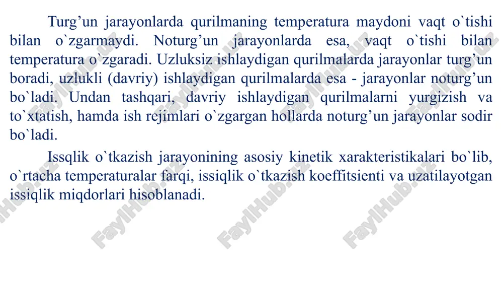 almashinish qurilmalari xalq xo‘jaligining turli sohalarida eng keng tarqalgan va ko‘p ishlatiladigan turidir. bu holat uchun berilgan issiqlik miqdori, issiqlik o'tkazishning asosiy tenglamasi bilan ifodalanadi: bu erda k issiqlik o'tkazish koeffitsienti. temperaturasi yuqori bo'lgan muhitdan,temperaturasi past bo'lgan muhitga vaqt birligi ichida ajratuvchi devorning 1m 2 yuzasidan ikki muhit temperaturalar farqi 1 0 s bo'lganda o'tkazilgan issiqlik miqdorini belgilaydi. stefan - bol’tsman qonunini absolyut qora bo`lmagan jismlar uchun ham qo`llash mumkin. masalan, kul rang jismlar uchun quyidagi ko`rinishga ega: 𝐸 = 𝜀 ∙ 𝐶 0 𝑇 100 4 (21) bu erda 𝜀 = 𝐶 𝐶 0 - kul rang jismning qoralik darajasi yoki uning nur chiqarish koeffitsienti; 𝐶 0 - kul rang jismning nur chiqarish koeffitsienti. kul rang jismning nur chiqarish koeffitsienti har doim 1 dan kichik bo`lib, 0,055...0,95 oraliqda o`zgaradi. kirxgof qonuni kul rang jismlarning nur tarqatish va uni yutish qobiliyatlari o`rtasidagi bog’liqlikni ifodalaydi. bir - biriga parallel joylashgan, kul …