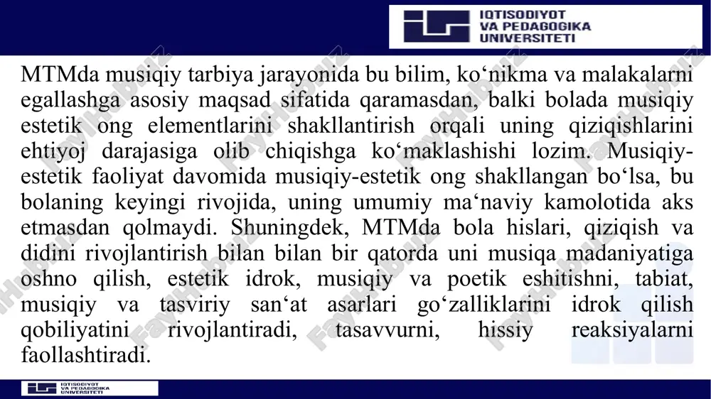 htirish; – bastakor hayoti va ijodi bilan tanishtirish; – musiqa turlari bilan tanishtirish; – ritmik harakat va raqs asoslari bilan tanishtirish; – bolalarda ijobiy qobilyatlarni aniqlash va rivojlantirish; – musiqa vositalari orqali bolalar tarbiyasini tobora shakllantirish; bayram ertaliklariga tayyorgarlik ko’rilar ekan, avvalambor bu hammaning bayrami ekanligi, bolalar xotirasuda unutilmas iz qoldirilishi, ularga zavq, xursandchilik olib kelishini nazarda tutish zarur. bu jarayonda barcha teng qatnashishi lozim. masalan, pedagogik jamoa, ota-onalar va mahalla ahli. maktabgacha ta‘lim muassasasida tashkil qilingan bayram ertaliklari umumxalq bayramlarining bir parchasi bo’lmog’i zarur. musiqani tinglay bilish va undan zavqlana olish ham katta san‘at hisoblanadi. insonda musiqa tinglash madaniyati yoshlikdan rivojlana boshlaydi. bola, musiqa madaniyati darslarining barcha faoliyatlari jarayonida, musiqani tinglab, uni idrok etadi. ammo musiqa darslarining musiqa tinglash qismi oldida, o’ziga xos jiddiy vazifalar turadi. bayram ertaliklariga tayyorgarlik ko’rilar ekan, avvalambor bu hammaning bayrami ekanligi, bolalar xotirasuda unutilmas iz qoldirilishi, ularga zavq, xursandchilik olib kelishini nazarda tutish zarur. …