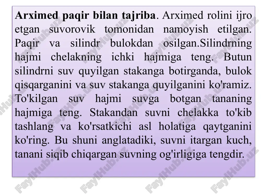 osiladigan shayin bilan plunjerning yuqori qismi o‘zaro ulangan. gidroakkumulator chizmasi. akkumulator silindriga bosim ostidagi suyuqlik (moy) haydaladi, bu suyuqlik plunjerni yuklari bilan ma’lum balandlikka ko‘taradi. plunjer eng yuqori nuqtachasigacha ko‘tarilgandan so‘ng, gidravlik nasos avtomatik ravishda o‘chiriladi va bosim ostidagi suyuqlik quvur bo‘ylab gidravlik mashinaga, masalan, pressga suyuqlikni damlab itaruvchi nasosga uzatiladi va pressning uzluksiz yuklama bilan ishlashi ta’minlanadi. xulosa. arximed kuchi tananing hajmiga bog'liq, suyuqlikka botgan tananing hajmi qanchalik katta bo'lsa, arximed kuchi shuncha katta bo'ladi. topshiriq jismning og‘irligi g =100 kn + n1 ga teng. shu jism suvga botirilganda og‘irligi g=50kn +n2 ga teng bo’ldi. jismning xajmi v ni toping. shu jism benzinga botirilganda og‘irligi qanchaga teng bo‘lar edi. n1 -familiyangizdagi xarflar soni n2 -ismingizdagi xarflar soni nazorat savollar 1. suyuqlikka tashqaridan berilgan bosim suyuqlikning hamma nuqtalariga qanday uzatiladi? 2.gidrostatik mashinalar deb nimaga aytiladi va ularning texnikada qanday axamaiyati bor 3. gidropessladan qaysi maqsadda foydalaniladi va ularda necha tonnagacha …