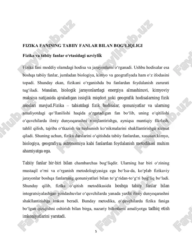 imyo laboratoriyasida o‗tkaziladigan issiqlik almashinuvi tajribalarida, fizikaviy energiya o‗zgarishlarini kuzatish orqali o‗quvchilar, fizikaviy qonuniyatlarning kimyoviy jarayonlardagi o‗rnini anglab yetadilar. shuningdek, biologiya va geografiya darslarida o‗tkaziladigan ekskursiyalar va amaliy mashg‗ulotlar fizika o‗qitishiga ham yordam beradi. masalan, geologiya ekskursiyasida o‗tkaziladigan ilmiy kuzatuvlar orqali fizika va geografiya fanlarining o‗zaro aloqalarini o‗rganish mumkin. bunday ekskursiyalar o‗quvchilarda fanlararo bog‗liqlikni aniq va tushunarli tarzda tushunishga yordam beradi. 8 interaktiv usullar va multimedia texnologiyalaridan foydalanish tabiiy fanlardan foydalanish metodikasini yanada samarali qilish uchun zamonaviy interaktiv usullar va multimedia texnologiyalaridan foydalanish zarur. o‗quvchilarga virtual laboratoriyalar, simulyatsiyalar, video materiallar va interaktiv taqdimotlar yordamida fizikaviy jarayonlar ko‗rsatilishi mumkin. masalan, kompyuter yordamida energiya saqlanishi yoki issiqlik uzatish jarayonlarini simulyatsiya qilish, o‗quvchilarga murakkab fizikaviy tushunchalarni tushunishda yordam beradi. shu tarzda, fizika va boshqa tabiiy fanlar orasidagi bog‗liqlikni yanada samarali tushuntirish mumkin bo‗ladi. fizika va biologiya o‘rtasidagi bog‘liqlik biologiyada yurak urishi, qon aylanishi, nafas olish jarayonlari fizik qonuniyatlarga asoslanadi. masalan, qon bosimi — …