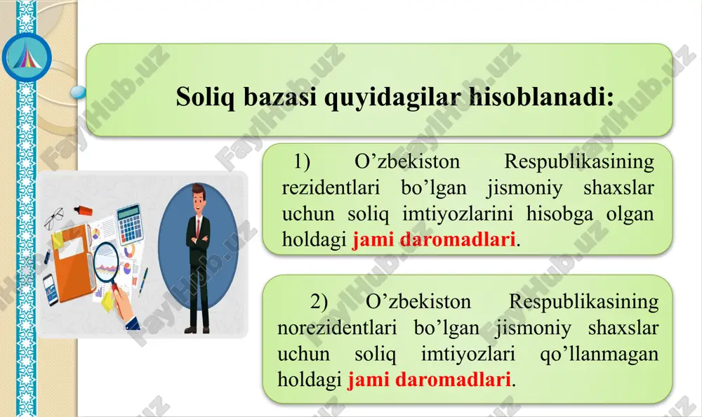 qa tariqasida jabrlanuvchining yillik o’rtacha ish haqi miqdoridagi to’lovlar. 980000*17,6/100=172480 11) boquvchisi vafot etganligi munosabati bilan quyidagi miqdordagi to’lovlar: - marhumning o’rtacha ish haqining vafot etgan boquvchining qaramog’ida bo’lgan va uning vafoti munosabati bilan zararni undirishga haqli bo’lgan mehnatga qobiliyatsiz shaxslarga to’g’ri keladigan ulushi miqdoridagi to’lovlar. boquvchisi vafot etganligi munosabati bilan zararni undirishga haqli bo’lgan shaxslarga bir yo’la to’lanadigan nafaqa tariqasida marhumning o’rtacha yillik ish haqining olti baravari miqdoridagi to’lovlar. 12) talabalarning ta’lim olishi uchun o’zbekiston respublikasining oliy o’quv yurti bilan to’g’ridan-to’g’ri shartnomalar bo’yicha pulli-kontrakt asosida o’tkaziladigan to’lovlar. 13) xodimlarning malakasini oshirish va ularni qayta tayyorlash xarajatlari. quyidagilar jami daromadga kiradi: 1) mehnatga haq to’lash tarzidagi daromadlar. 2) mulkiy daromadlar. 3) moddiy naf tarzidagi daromadlar. 4) boshqa daromadlar. ish beruvchi bilan mehnatga oid munosabatlarda bo’lgan va tuzilgan mehnat shartnomasiga (kontraktiga) muvofiq ishlarni bajarayotgan xodimlarga hisoblanadigan hamda to’lanadigan quyidagi barcha to’lovlar mehnatga haq to’lash tarzidagi daromadlar deb e’tirof etiladi: 14 - …