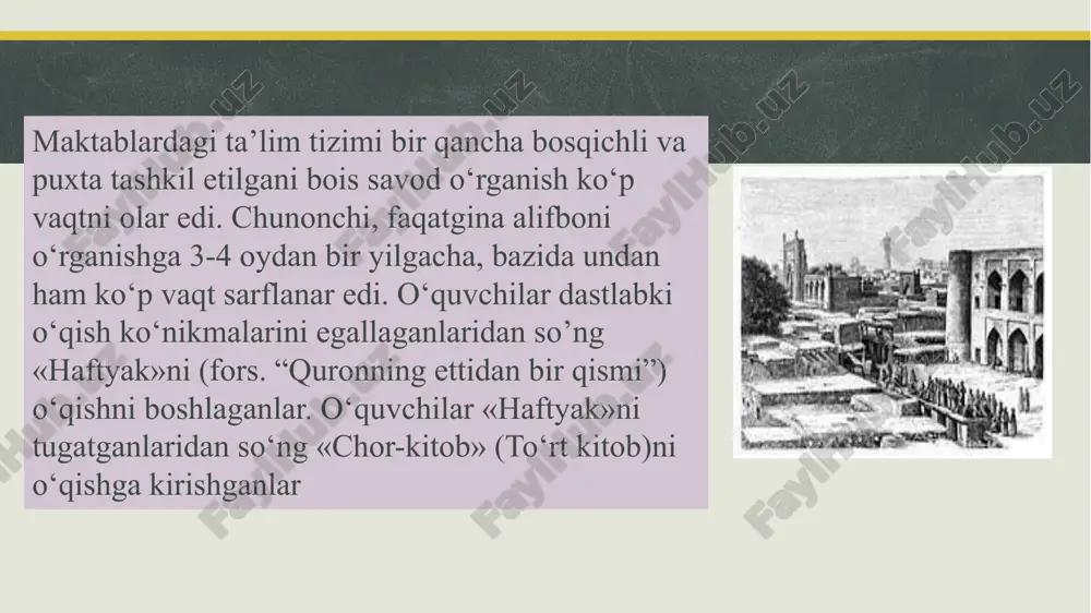 a, dilshodi barno, muazzamxon, muattarxon, anbar otin, qamarniso, nozimaxon kabi o‘nlab mashhur shoiralar yetishib chiqqan. munis xorazmiyning “savodi ta’lim” asari – husnixatga doir dastlabki qo‘llanma sifatida. munis o‘z davrining yetuk murrabiy shoiri sifatida bolalarning savodxonligini va husnixatni yaxshilash yo‘lida ko‘p izlanadi va yoshlarga husnixatdan ta’lim berib, “bilgancha surib qalamni har yon, ta’lim ishin aylar erdi oson” deydi. “bilimning eshigi alifbe” deganlaridek, munis ham ta’limdagi muvaffaqiyatlarning garovi savod ekanligini tushungan va shuning uchun “umumiy arqom” yozuv ilmini yaratishga bel bog‘lagan. munisning “savodi ta’lim” asari ana shu tarzda 1804 yil 6 dekabrda vujudga keladi. mazkur risola nazariy ma’lumotlar va mashqlarni o‘z ichiga olgan. risola ikki qismdan tarkib topgandir. u “savodi talim”ning nazariy qismida o‘zigacha mavjud bo‘lgan bolalarga xat-savod o‘rgatuvchi risolalarning barcha nuqson va kamchiliklarni ochib tashlaydi va eski risola bilan o‘zi yaratayotgan risolani bir-biri bilan taqqoslab, eski risolaning o‘sha kungi talablarga javob bera olmasligini ilmiy-nazariy jihatdan asoslab beradi. risolaning ikkinchi qismida arab …
