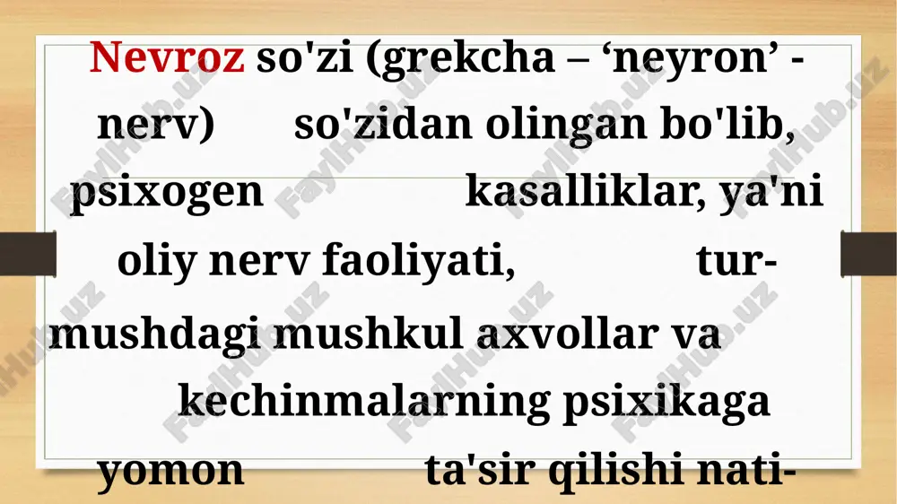 cho'zilib ketsa, bemorda uzoq vaqt davom etayotgan oyoq-qo'llardagi harakatsizlik mushaklarning diffuz atrofiyasiga sababchi bo'lishi mumkin, xolos. 26 isteriyaga chalingan bemorlarda giperkinezlar (beixtiyoriy harakatlar) ham kuzatilishi mumkin. bu harakatlar bemorda hayajonlanganda kuchayadi va tinchlanganda kamayadi yoki butunlay to‘xtaydi. 27 giperkinezlar giperkinezlar isterik xuruj tugagandan so'ng ham yuz berishi mumkin. ba'zan bemorda falajliklar giperkinezlar bilan birgalikda namoyon bo'ladi. isterik giperkinezlar butun gavdaning silkinishi, titroq xurujlari, bosh va oyoqlarning titrashi, ayrim mushak guruhlarining uchib turishi, qo'llarning g'ayritabiiy harakat qilishi bilan kechadi. chin giperkinezlardan farqli o'laroq, ular bemor­ning hissiy holati va psixoemotsi­onal stressga ko'p jihatdan bog'liq. bu simptomlar uzoq vaqt davom etishi va arzimagan kelishmovchiliklarda kuchayib ketishi mumkin. 28 isterik algiyalar (ya’ni og‘riqlar) - eng ko‘p tarqalgan buzilishlardan bo‘lib, deyarli barcha isterik sindromlarda turli ko‘rinishlarda kuzatiladi. 29 isterik algiyalar isterik algiyalar (ya'ni og'riqlar) eng ko'p tarqalgan buzilishlardan bo'lib, deyarli barcha isterik sindromlarda turli ko'rinishlarda namoyon bo'ladi. bemor tanasining turli joylari, ya'ni orqa, qorin, yurak …
