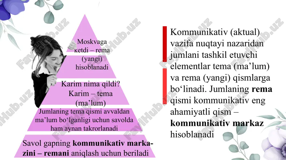 (panfilov, toropova, abdullayev va b.), inkor bildiruvchi affikslarning (panfilov), reduplikatsiyaning (shevyakova, abdullayev) aktuallashiruvchilik vazifasini ko‘rsatadilar. turkiy tillarda ham gap bo‘laklarining tartibi erkindir. tartibning grammatik vazifa bajarishi juda cheklangan. chunki har bir gap bo‘lagining grammatik shakli uning grammatik vazifasini ko‘rsatib turadi. masalan: men kecha moskvadan keldim turkiy tillarda aktuallashgan bo‘lakning 2 xil o‘rni ko‘rsatiladi.. k.m.abdullayevning ta’kidlashicha, turkiy tillarda aktuallashgan bo‘lakning, ya’ni remaning 2 xil o‘rniborligini 1) kesimdan oldingi o‘rni, 2) gapning oxiri va shunga ko‘ra aktuallashishning 2 darajasi – kuchli va kuchsiz aktuallashish mavjud ekanligini ta’kidlaydi. o‘zbek tilida ayrim bo‘laklar (masalan, ega va kesim) aktuallashishning faqat bir darajasiga – kuchli darajasiga ega. ega aktuallashuvining kuchli darajasi uchun gapning oxirgi o‘rni xarakterlidir. prosodik aktuallashtiruvchi vositalar mantiqiy urg‘u va u bilan bog‘liq bo‘lgan nutq tempi va pauza. emfatik urg‘u – ovoz tembri asosiy rol o’ynaydi. hayajon hissi, mehr hissi, salbiy his. leksik va grammatik aktuallashtiruvchi vositalar – ham, faqat, yolg‘iz, hatto, o‘zi so’zlari, …