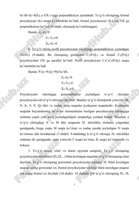 . to’g’ri chiziqning gorizontal izini topish uchun, uning frontal proyeksiyasi a2b2 ni ox o’qi bilan kesishguncha davom ettiriladi, keyin ularning kesishgan m2 nuqtasidan 1 tekislik bo’ylab ox o’qiga perpendikulyar chiziq o’tkaziladi va shu chiziq bilan to’g’ri chiziqning gorizontal proyeksiyasi kesishgan nuqta ab to’g’ri chiziqning gorizontal izini ifodalaydi, gorizontal izining gorizontal proyeksiyasi shu yerda bo’ladi. to’g’ri chiziqning frontal izini topish uchun uning gorizontal proyeksiyasi a1b1 ni ox o’qi bilan kesishguncha davom ettiriladi va shu nuqtadan (n1), 2 tekislik bo’ylab ox o’qiga perpendikulyar chiqariladi, shu perpendikulyar bilan to’g’ri chiziqning frontal proyeksiyasini kesishgan (n2) nuqtasi aniqlanadi. agar to’g’ri chiziq biror proyeksiyalar tekisligiga parallel bo’lsa, uning o’sha tekislikdagi izi bo’lmaydi. 4. to’g’ri chiziq kesmasining haqiqiy kattaligini va proyeksiyalar tekisligi bilan hosil qilgan burchaklarini aniqlash. biz yuqorida to’g’ri chiziq kesmasini proyeksiyalar tekisliklariga nisbatan ixtiyoriy vaziyatda, ya’ni to’g’ri chiziq proyeksiyalar tekisliklariga nisbatan o’tkir burchak ostida joylashgan bo’lishi mumkin degan edik. bunday vaziyatda kesma proyeksiyalar tekisliklariga, o’zining …