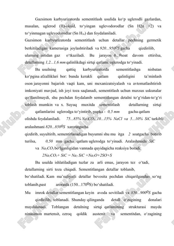 algan. tarkibi50 % nacn,3,5 % bacl2, 15 % nacl tuzlardan iborat aralashma 500...6000s gacha qizdirilganda uglerod va azot atomlari xosil qilib parchalanadi, ana shu faol atomlar detal yuzasiga singadi. tezkesar po‘latdan tayyorlangan asboblarni puxtalash uchun 25...40% nacn, 20...45 % na2co3 va 10...20 % nacl tarkibli aralashma mu itida 500...6000s da 5...30 daqiqa davomida ishlov berilsa, detal yuzasining 0,02...0,04 mm qalinligi sianlanadi. tarkibida 0,4 % gacha uglerodi bo‘lgan uglerodli va maxsus po‘latlarga 6...10% nacn, 80...84 %ba cl2, 10% gacha nacl tarkibli tuzlar aralashmasida 800...9500s aroratda, 1...6 soat davomida ishlov berilsa, 0,5...1,5 mm yuza qatlam uglerod va azotga tuyinadi. bunday yuqori aroratda sianlangan detallar toblanib, so‘ngra past xaroratda bo‘shatiladi, yuza qattiqligi 58...62 nrc ga yetadi. gaz muxitida sianlash (nitrosementatsiya) jarayoni 850...9000s xaroratda, tarkibida uglerod va azot bo‘lgan gazlar (masalan, 70...80 % tabiiy gaz va20...30% ammiak) mu itida olib boriladi. 0,25...1 mm qatlam olish uchun 2...10 soat vaqt sarflanadi. nitrosementitlangan detal bevosita pechdan …