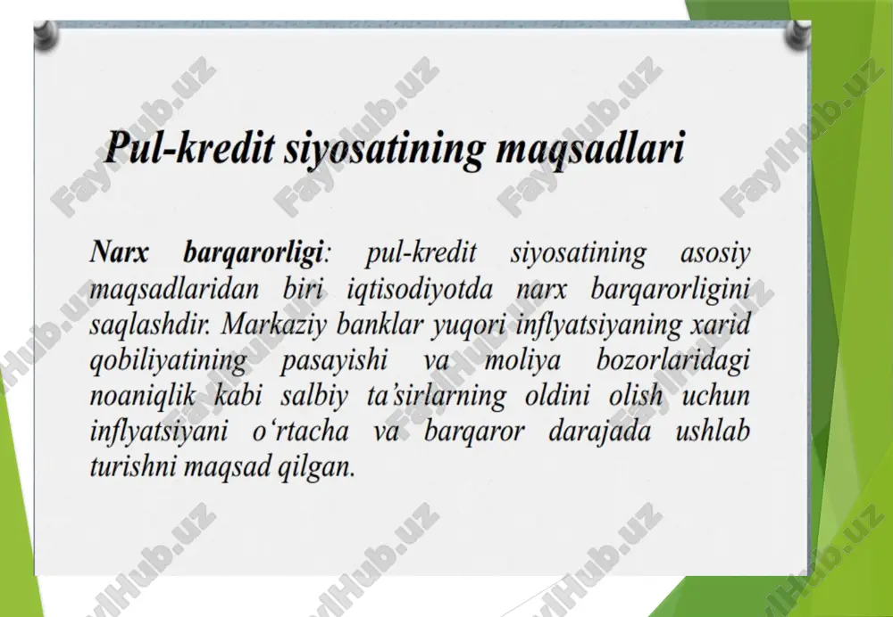 ning umumiy va barqaror o’sishi, bu pulning xarid qobiliyatining pasayishiga olib keladi. inflyatsiyaning bir nechta ta’riflari mavjud: pulning sotib olish qobiliyatining pasayishi: bu inflyatsiyaning eng keng tarqalgan ta’rifidir. pul massasining ko’payishi: ushbu ta’rif inflyatsiyaning oqibatlariga emas, balki uning sabablariga qaratilgan. yalpi talab va yalpi taklif o’rtasidagi tafovut: ushbu ta’rifda inflyatsiya yalpi talab yalpi taklifdan oshib ketganda sodir bo’lishini ta’kidlaydi. inflyatsiyaning bir nechta ta’riflari mavjud: pulning sotib olish qobiliyatining pasayishi: bu inflyatsiyaning eng keng tarqalgan ta’rifidir. pul massasining ko’payishi: ushbu ta’rif inflyatsiyaning oqibatlariga emas, balki uning sabablariga qaratilgan. yalpi talab va yalpi taklif o’rtasidagi tafovut: ushbu ta’rifda inflyatsiya yalpi talab yalpi taklifdan oshib ketganda sodir bo’lishini ta’kidlaydi. deflyasiya (iqtisodiyotda), dezinflyasiya — inflyasiya davrida chiqarilgan muomaladagi ortiqcha qogʻoz pulni kamaytirish; davlat tomonidan muomaladagi pul miqdorini kamaytirishga qaratilgan moliya va pul-kredit tadbirlari (soliqlarni oshirish, qimmatli qogʻozlar sotish, tovar narxlari darajasini pasaytirish, ish haqi oʻsishiga yoʻl qoʻymaslik, tashqi savdoni jonlantirish, banklar hisob stavkasini oshirish, …