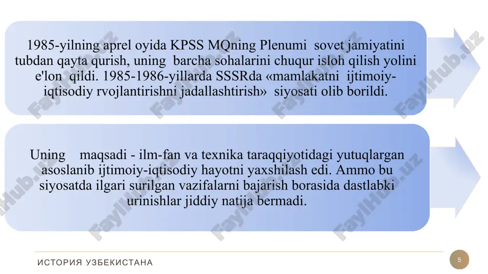 bekistonning eng yangi tarixi 9 islom karimov rahnamoligida o'tgan mustaqillikning dastlabki 25 yilida o'zbekiston o'zini asosiy davlat sifatida namoyon etdi .nafaqat markaziy osiyoda, mintaqada, balki xavfsizlikning faol tarafdori sifatida o'zini namoyon qildi. o`zbekistonning eng yangi tarixi 10 islom karimov o'zbekiston tarixida uning kelajagi uchun rivojlanishining asosiy prinsiplarini belgiladi. u o'z mamlakatini demokratiya yo'lidagi isloxotlarni izchil olib bordi. prezident rahbarligida o'zbekiston o'z xalqi manfaati uchun tinchliksevar va adolatli siyosat olib borib, rivojlanayotgan davlatga aylantirdi. o`zbekistonning eng yangi tarixi 11 21 muhammad al-xorazmiy nomidagi toshkent axborot texnologiyalari universiteti ibadullayeva gulhayo shuxratovna «gumanitar fanlar» kaferdrasi assistemnti e`tiboringiz uchun rahmat! o`zbekistonning eng yangi tarixi istoriya uzbekistana 21 image6.png image8.svg image7.png image10.svg image1.png image2.png image3.png image4.jpeg image5.png image6.svg image8.jpeg image9.png image10.png image11.jpeg image12.png image13.png image14.png image15.jpeg image16.png image17.png image18.jpeg image19.jpeg .msftofcthm_background1_fill { fill:#ffffff; } /docprops/thumbnail.jpeg