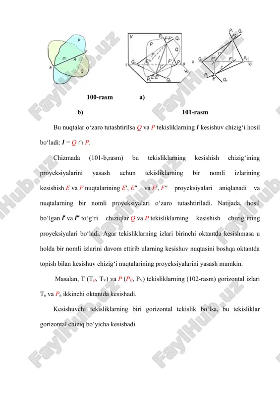 yeksiyalarni o‘zaro tutashtiruvchi l′ va l″ chiziqlar q va p tekisliklar kesishish chizig‘ining proyeksiyalari bo‘ladi. adabiyotlar: 1. xorunov r. "chizma geometriya kursi". "o’qituvchi" toshkent – 1999 y. 2. qirg’izboyev yu. "chizma geometriya kursi". "o’qituvchi" toshkent – 1976 y. 3. murodov sh. k. va boshqalar. "chizma geometriya kursi". "o’qituvchi" toshkent – 1988 y. 4. xorunov r., akbarov a. "chizma geometriyadan masalalar yechish usullari" "o’qituvchi" toshkent – 1985 y. 5. azimov t.j. "chizma geometriya fanidan ma’ruzalar matni". t.: tdtu, 2002 y. 6. azimov t.j. "chizma geometriya" oliy texnika o’quv yurtlari uchun o’quv qo’llanma. t.: tdtu, 2005 y. 7. ismatullayev r. "chizma geometriya" oliy texnika o’quv yurtlari uchun o’quv qo’llanma. t.: tdpu, i-qism 2005 y. 8. ismatullayev r. "chizma geometriya" oliy texnika o’quv yurtlari uchun o’quv qo’llanma. t.: tdpu, ii-qism 2006 y. 9. raxmonov i., abduraxmonov a. "chizmachilikdan ma’lumotlar t.: "o’zbeliston" 2006 y. 10. azimov t.j., fayziyev t.r., alimova d.k., mirzaraimova v.t. "chizma …