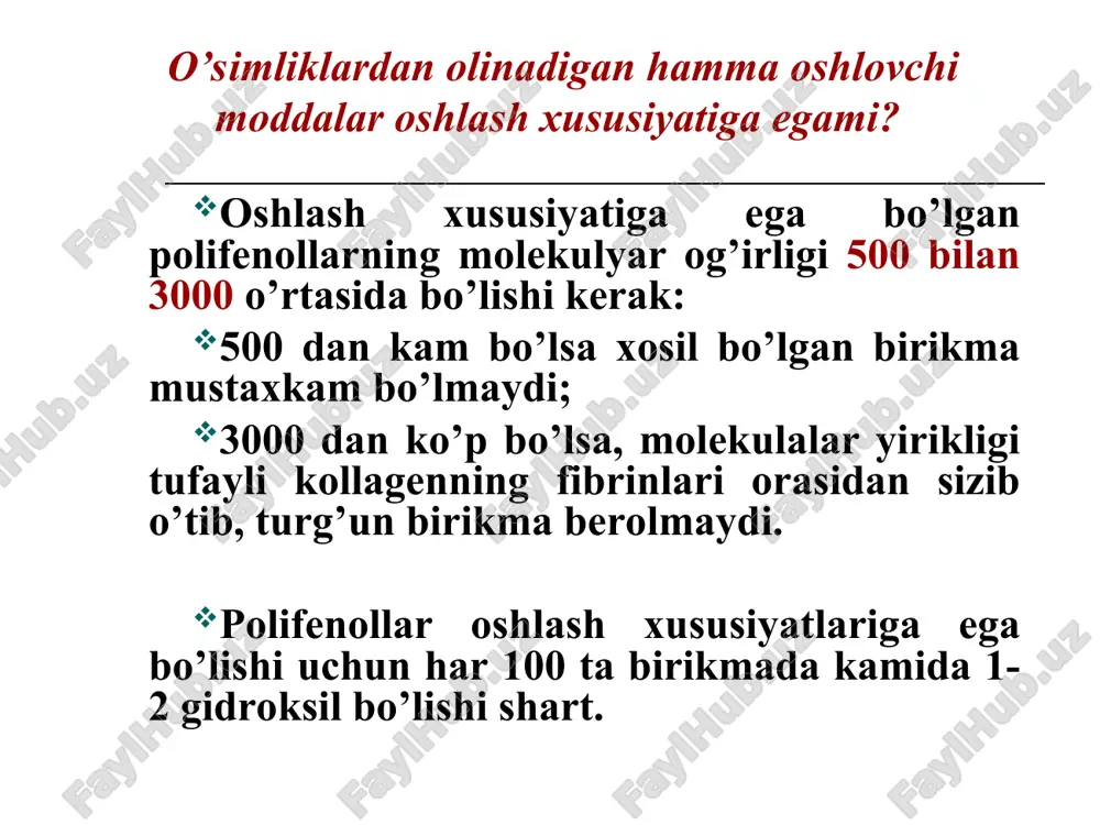 : (a – b)·0,004157·250·100·100 x% = -------------------------------------; m·25·(100 - w) bunda, x - tanidlarning % miqdori, 0,004157 – taninning kaliy permanganat 0,02 mol/l eritmasi bo’yicha titri (pirogallol guruh), 0,00582 - pirokatexin guruhi uchun); a – tanidlar va indigosulfon kislotani titrlash ichun sarf bo’lgan kaliy permanganatning 0,02 mol/l eritmasini ml miqdori; b – indigosulfon kislotani titrlash uchun sarf etilgan 0,02 mol/l li kaliy permanganat eritmasining ml miqdori; m – mahsulot og’irligi; w – mahsulot namligi. toshkent farmatsevtika instituti farmakognoziya kafedrasi professorlari r.l.xazanovich, x.x.xolmatovlar oshlovchi moddalarni mahsulotdagi miqdorini aniqlashni yangi usulini ishlab chiqganlar. bunga ko’ra tanidlarni ajratmadagi umumiy miqdori kmno4 eritmasi bilan titrlanadi, keyin ajratmadagi kondensatsiyalangan oshlovchi moddalar cho’ktirilib, gidrolizlanuvchi oshlovchi moddalar alohida titrlanadi. oxirgi miqdorini umumiy titrlashga ketgan miqdordan olib tashlansa, kondensatsiyalangan oshlovchi moddalarga sarf bo’lgan kmno4 ning ml miqdori kelib chiqadi. natijada har ikkala xil oshlovchi moddalarni % miqdorini alohida hisoblanadi. bu miqdorlar yig’indisi esa mahsulotdagi oshlovchi moddalarning umumiy miqdorini …
