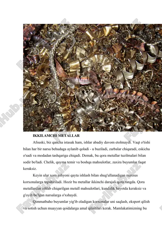 uchun 150 kg o’tga chidamli material sarf bo’ladi. qora metallurgiya zavodlari suvni ham ko’p ishlatadi. suv metallurgiya agregatlarini sovitish, gazni tozalash va boshqalar uchun kerak bo’ladi. metallurgiya zavodining 1 tonna maxsuloti uchun 900 m3 suv ishlatiladi, agar aylanma suv ta’minotidan foydalanilsa 15— 20 m3 suv sarflanadi. shuning uchun metallurgiya korxonalarini joylashtirishda suv, elektr energiya, tabiiy gaz bilan ta’minlash va tabiatni muxofaza qilish masalalari ham e’tiborga olinadi. umumiy ruda yoki yoqilg’i resurslaridan foydalanuvchi va xalq xo’jaligining metallga bo’lgan asosiy extiyojini ta’minlovchi bir guruh metallurgiya zavodlari asosiy metallurgiya bazasi deb ataladi. rossiyada ural, markaziy osiyo va sibir, ukrainada janubiy, aqsh va kanadada buyuk ko’llar atrofi, xitoyda shimoli-sharq, germaniyada rur metallurgiya bazalari bor. qora metallurgiyaning asosiy xom ashyosi bo’lgan temir rudasi hozirgi paytda 50 dan ortiq mamlakatda qazib olinadi, ammo asosiy qazib oluvchi davlatlar rossiya, braziliya, xitoy, avstraliya, aqsh, kanada hisoblanadi. eng yirik temir rudasi xavzalari ham shu mamlakatlarda joylashgan: krivoy rog (ukraina), …
