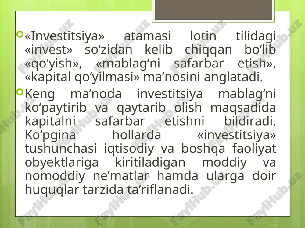 ar (bundan buyon matnda soliqlar va to‘lovlar deb yuritiladi) to‘langanidan so‘ng mustaqil va erkin tarzda tasarruf etishga; o‘zi qabul qilgan barcha turdagi majburiyatlarning, shu jumladan qarz mablag‘larini jalb etishga qaratilgan majburiyatlarning ta’minoti sifatida o‘ziga mulk huquqi asosida tegishli bo‘lgan mol-mulk va har qanday mulkiy huquqlardan foydalanishga; o‘z investitsiyalari va boshqa aktivlari rekvizitsiya (ekspropriatsiya) qilingan taqdirda munosib kompensatsiya olishga; kreditlar va qarzlar tarzidagi pul mablag‘larini jalb etishga; davlat boshqaruvi organlari, mahalliy davlat hokimiyati organlari va ular mansabdor shaxslarining qonunga xilof harakatlari (harakatsizligi) va qarorlari natijasida yetkazilgan zararlar uchun tovon olishga haqli. o'zbekiston respublikasida xorijiy investorlar bo'lishi uchun: - xorijiy davlatlar, xorijiy davlatlarning ma'muriy yoki hududiy organlari; - davlatlar o'rtasida tuzilgan yoki xalqaro ommaviy huquq sub'ektlari bo'lgan bitimlar yoki boshqa shartnomalarga muvofiq tashkil etilgan xalqaro tashkilotlar; - xorijiy davlatlarning qonun hujjatlariga muvofiq tashkil etilgan va amal qiladigan yuridik shaxslar, boshqa har qanday shirkatlar, tashkilotlar yoki uyushmalar; - chet el fuqarosi bo'lgan jismoniy …