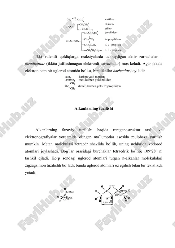 m-ulg`trabinafsha sohada yutadilar, shuning uchun ular chiqarish yoki yutilish elektron spektrlarini olishda juda qulay erituvchilar hisoblanadi. tebranma spektrlarda (yutilishni infraqizil spektrlari va kombinirlangan yoyilish spektrlari) alkanlar uchun 2800 – 2960 sm-1 (3,75 – 3,38 μ) (c – h bog`ni valent tebranishlari) va 1360 – 1480 sm-1 (7,35 – 6,75 μ) (-ch2 va -ch3 guruhlar bog`larini deformatsion tebranishlari) intervallarda yutilishlar xos. alkanlarni pmr – spektrlari murakkab va juda qiyin o`qiladi, chunki turlicha joylashgan protonlarni kimyoviy siljishlari o`xshash qiymatlarga ega (0,5 – 2 m.d.). 3.4. alkanlarning kimyoviy xossalari alkanlarni parafinlar deyilishi ularni inertligidan dalolat beradi (lotinchadan parum – oz, affinis – qardoshlik, moyillik ma`nosini beradi). ammo alkanlar ma`lum sharoitlarda unchalik inert emaslar. ularni aktiv erkin radikallar bilan reaksiyalarini, yuqori haroratlar yoki katalizator, shu jumladan o`ta kuchli kislotalar, ishtirokida o`zgarishlarini oson amalga oshirish mumkin. quyida alkanlar reaksiyalarining oddiy sxemasi keltirilgan: 1. aktiv erkin radikallar bilan ta`sirlashganda alkanlarning vodorod atomlarini o`rinini olish reaksiyalari. alkanlarni …