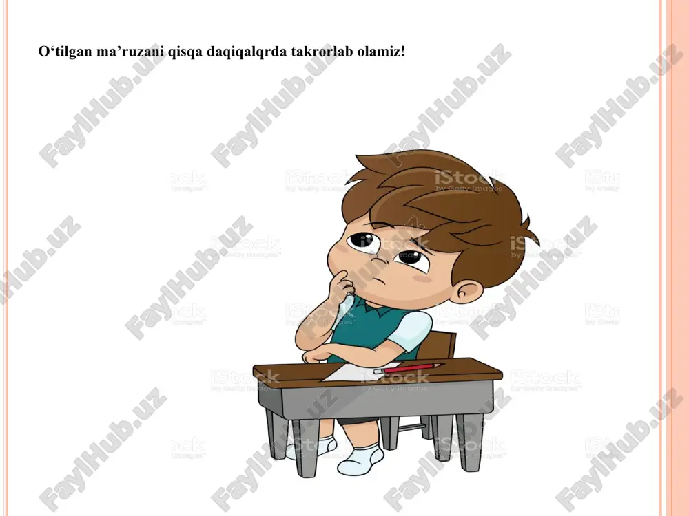 imoiylashuviga doir bilimlarini tarkib toptirish pedagogik vazifalar: muammoli savol, masala va vaziyatlarni o'quv birligiga muvofiq ravishda taqdim etish; “individ”, “inson”, “shaxs” tushunchalarining farqli jihatlarini ajratib ko'rsatish; shaxsning rivojlanishi bilan bog'liq nazariyalarning mohiyatini tushuntirib berish; shaxsning rivojlanishiga ta'sir ko'rsatuvchi omillarni tavsiflash; rivojlanish yosh davrlarini tasniflash va o'ziga xosliklarini ochib berish. talabalar o'quv faoliyati natijalari: ... lar yuzasidan aniq tasavvurlarga ega; “individ”, “inson”, “shaxs” tushunchalarining farqli jihatlarini biladi; shaxsning rivojlanishi bilan bog'liq nazariyalarning mohiyatini anglay oladi; shaxsning rivojlanishiga ta'sir ko'rsatuvchi omillarni qiyoslay oladi; rivojlanish yosh davrlari va o'ziga xos jihailarini farqlay oladi. umumiy ta'lim o'quv jarayoniga innovatsion ta'lim texnologiyalarini tatbiq etish tizimi o'quv mashg'ulotlari texnologiyasi interfaol metodlar grafik organayzerlar ma'ruza mashg'ulotlari ta'lim texnologiyasi. ceminar mashg'ulotlari ta'lim texnologiyasi. amaliy mashg'ulotlar ta'lim texnologiyasi. mustaqil ta'lim texnologiyasi. keys-stadi ta'lim texnologiyasi. loyiha ta'lim tex- nologiyasi aqliy hujum. erkin yozish. asoslangan esse. fsmu. blits-so'rov. blits-o'yin. o'qitish bo'yicha qo'llanma. yozma va og'zaki davra suhbati. tushunchalarni aniqlash. tushunchalar asosida …