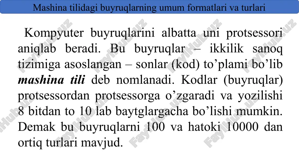 anchalik oson bo’ladi; buyruqlarning umumiy uzunligi qanday bo’ladi. stek arxitekturasi stek – bu mantiqiy ravishda bir-biriga bog'langan yaycheykalar to'plamini tashkil etuvchi, “oxirgi kelgan, birinchi ketadi” tamoilo asosida o'zaro munosabat qiluvchi xotira (last in first out). stekli xotiraning ishlash prinsipi o’qish/yozish amallari faqat stekning cho’qqisida amalga oshadi. stekka asoslangan bta li (stekli bta) ehmsida operandlar qayta ishlanishdan oldin stek xotirasining yuqori ikkita yaycheykasiga joylashtiriladi. amal natijasi yana stekka joylashtiriladi. stek arxitekturasi teskari polyak yozuvi ifodada qavslar mavjud emas, amal belgisi esa operandlar o’rtasida emas, balki ulardan keyin joylashadi a=a+b+a*c odatiy yozuv a=ab+ac*+ polyakcha stek arxitekturasiga ega hisoblash mashinasida a = ab+ac*+ ifodasini hisoblash ketma-ketligi stekka asoslangan bta-larning afzalliklariga ko'rsatmalarning bir qismini qisqartirish imkoniyati kiradi, chunki barcha operatsiyalar steckning cuqqisi orqali amalga oshiriladi, bunda ma’lumotlarni arufmetik va mantiqiy qayta ishlashda operandlar va natija manzillarini ko’rsatish shart emas. dastur kodi ixchamdir. ko'rsatmalarning dekodlanishi juda oddiy. ishlab chiqarish oshganda stek “qisqa joyga” aylanadi. stek …