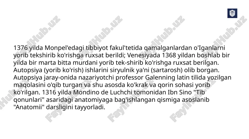 yam garvey (1578-1657yil) tomonidan qon aylanishning ikkita doirasi borligini ochib berdi. v. garvey angliyada tibbiy ta'lim oldi va paduada davom ettirdi. galiley va fabrisiyga shogird bo'lib tushdi. u erda garvey anatomiyaga tajribaviy yondoshuv usullarini o'rgandi. angliyaga qaytganda u davolovchi shifokorning amaliy faoliyati bilan chegaralanmasdan, balki tajriba tadqiqotlari bilan ham shug'ullanib, qon aylanish fiziologiyasi va embriologiyasiga asos soldi. u tanadagi qon mas-sasi yurakga qaytib kelishini, galen fikriga ko'ra arteriyalar"pul'sasiyalovchi kuch"ga ega emasligini ularning pul'sasiyasi yurak tomonidan amalga oshirilishini va to'g'ridan-to'g'ri yurakning qisqarishi natijasi ekanligini isbotlab berdi. u sistola va diastolaning ahamiyatini tushuntirib o'tdi. galenning avvalgi tamoyilidan faqatgina yurakning o'ng yarmi va pastki kovak vena fiziologiyasiga tegishli bo'lgan qismini to'g'ri deb, garvey yurakning chap yarmi funksiyasini va qon aylanishda yurakning o'rni, aortaning va boshqa arteriyalarning, ko'proq venoz tizimi va inson organzmidagi qon miqdori to'g'risidagi masalalarni yangicha talqin qildi. kapillyar tizimini ko'ra olmagan. garveyning izlanishlarini bolon'e va pizadagi italiyalik shifokor marsello mal'pigi (i628-1694), …