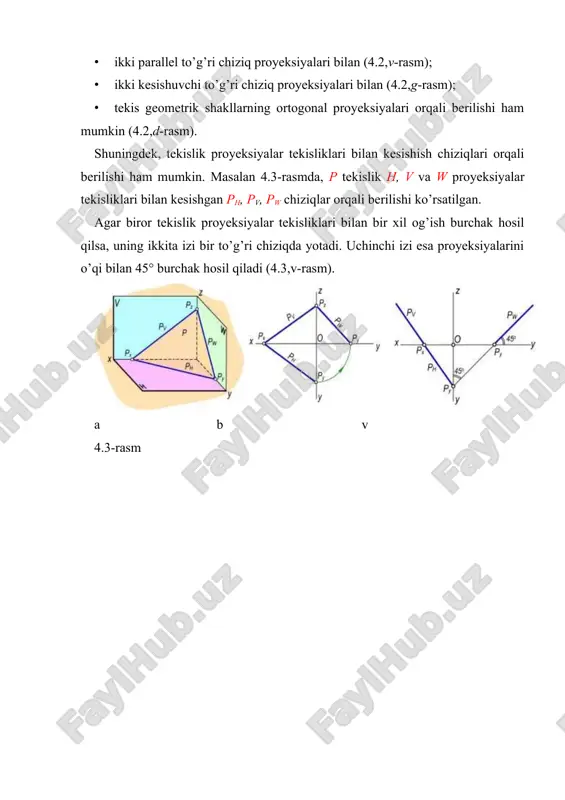 kning profil izi yoki shu tekislikka tegishli bo’lgan biror a(a′, a″) nuqtaning ikki proyeksiyasi beriladi (4.9,b-rasm). bu nuqtaning a″′ proyeksiyasi orqali tekislikning profil izini yasash mumkin (4.10-rasm). proyeksiyalovchi tekislikning ikkita izini chizmada tasvirlash shart emas. tekislikning bitta izi, aynan gorizontal proyeksiyalovchi tekislikning gorizontal izi mh, frontal proyeksiyalovchi tekislikning frontal izi nv, profil proyeksiyalovchi tekislikning profil izi gw, orqali ham ularning vaziyatini aniqlash mumkin (4.11-rasm). 4.10-rasm 4.11-rasm proyeksiyalar tekisligiga parallel tekisliklar gorizontal tekislik ta‟rif. gorizontal proyeksiyalar tekisligiga parallel tekislik gorizontal tekislik deyiladi. bu tekislik bir vaqtda v va w tekisliklarga perpendikulyar bo’ladi. tekislikning vaziyatini uning frontal h1v izi aniqlaydi (4.12-a,b, rasm). frontal tekislik ta‟rif. frontal proyeksiyalar tekisligiga parallel tekislik frontal tekislik deyiladi. bu tekislik bir vaqtda h va w tekisliklarga perpendikulyar bo’ladi. tekislikning vaziyatini uning frontal v1h izi aniqlaydi (4.12-a,b, rasm). profil tekislik ta‟rif. profil proyeksiyalar tekisligiga parallel tekislik profil tekislik deyiladi. profil w1 tekislik bir vaqtda h gorizontal va v …