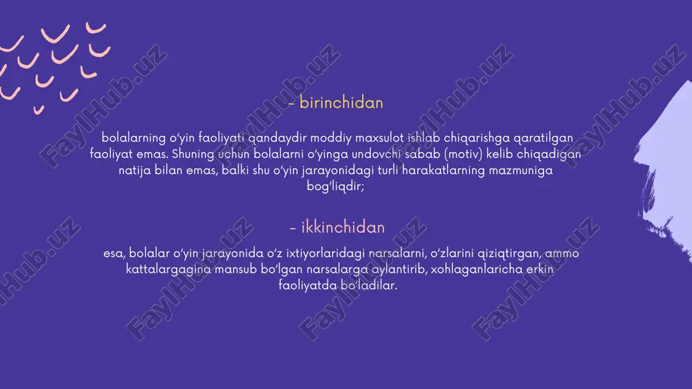 natijada bolalar o‘yin orqali juda ko‘p narsalarni bilib oladilar, ularning bilishga bo‘lgan qiziqishlari orta boradi. demak, o‘yin faoliyati bolalarning har tomonlama rivojlanish- larida qudratli vositadir. d.b.elkonin “o’yin psixologiyasi”. bolalarning psixik rivojlanishiga o‘yinchoqlarning ta’siri bolaning ongida uni qurshab turgan voqelik to‘g‘risidagi xilma xil o‘yin faoliyatini takomillashtiradigan sharoitlami tadqiq qilgann.m.aksarinaning ta’kidlashicha, o‘yin o ‘z-o‘zidan vujudga kelmaydi, buning uchun kamida uchta sharoit bo‘lishi lozim:a) taasurotlar tarkib topishi;b) har xil ko‘rinishdagi o‘yinchoqlar va tarbiyaviy ta’sirvositalarining miihayyoligi;v) bolalaming kattalar bilan tez-tez muomala va muloqotgakirishuvi. bunda kattalaming bolaga bevosita ta’sir ko‘satish uslubihal qiluvchi rol o‘ynaydi. d.b. elkonin o‘z tadqiqotida rolli o‘yinning syujeti bilan birqatorda, uning mazmuni ham mavjud ekanini yozadi. uning fikricha, o’yinda bola kattalar faoliyatining asosiy jihatini aniqroq aks ettirishio‘yinning mazmunini tashkil qiladi. a.r. usovaning tadqiqotlarida ta’kidlanishicha, rolli o‘yin ishtirokchilarining safi yosh ulg‘ayishiga qarab, jinsiy tofovutlaigabinoan kengayib boradi: a)uch yoshli bolalar 2-3 tadan guruhga birlashib, 3-5 daqiqabirga o‘ynay oladilar;b) 4-5 yoshlilar guruhi 2-3 tadan ishtirokchidan …