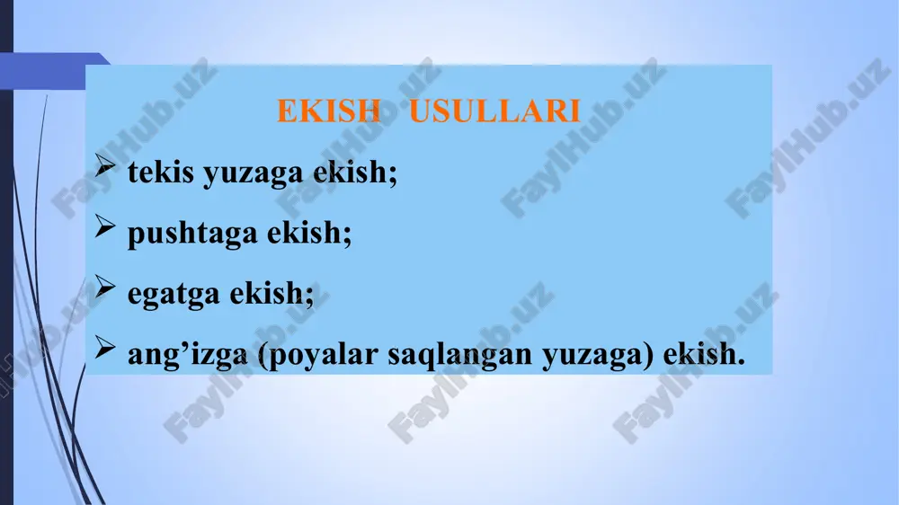 etilgan farq: tuksizlan-tirilgan chigit uchun ko’pi bilan 10%, tukli chigit uchun ko’pi bilan 15%; qator oralarining bir-biridan farq-lanishi ko’pi bilan ±1 sm tashkil etishi talab etiladi. * chigit ekish seyalkalarini tuzilishi va ish jarayoni chigit ekish seyalkasining tuzilishi: 1 –g’ildirakning xarakat uzatmasi; 2-val; 3-zanjirli uzatma; 4- bunker; 5-to’zitkich; 6- miqdorlagich; 7-podshipnik; 8-urug’ o’tkazgich; 9-yurituvchi g’ildirak; 10- konssimon shesternya; 11-teleskopik val; 12-to’dalagich; 13- ekkich; 14 – botiruvchi g’ildirak; 15-ko’mgich, 16-shabbalagich. don ekish seyalkalari sz-3,6 rusumli g’alla seyalkasi dem – 3,6 rusumli g’alla seyalkasi. sz-3,6a don ekish seyalkasining tuzilishi va ish jarayoni * g’o’za qator orasiga don ekish moslamasi kxu-4 asosidagi seyalka-kultivator texnologik sxemasi. a) yonidan ko’rinishi 1,2-o’g’it; 3-kmx-65 sepuvchi apparat; 4-tarqatuvchi moslama; 5-borona moslama. b) orqadan ko’rinishi 2-o’g’it; 3-kmx-65 sepuvchi apparat; 4-tarqatuvchi moslama kartoshka ekkichning (l-201) tuzilishi va ish jarayoni 1-bunker; 2-to’siq; 3- ekish apparati; 4-ishchi qism (qoshiq); 5-tebratgich; 6-o’tkazgich; 7-rostlagich; 8-egat oligich; 9-ko’mgich; 10-xarakat uzatish mexanizmi. ko’chat o’tqazish mashinasi intensiv …