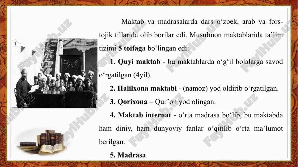 usul maktablari ish boshlagan 16.01.2023 http://aida.ucoz.ru 19 turkiston jadidchilik harakatining yirik namoyondalari 16.01.2023 20 http://aida.ucoz.ru xx asr boshlariga kelib toshkent, samarqand, buxoro , farg‘ona vodiysi shaharlarida o‘nlab jadid usulidagi maktablar ochildi . jadidlar maktablarda yoshlarni bilimli va ma’rifatli qilib tarbiyalab , ular orqali turkistonda mustaqil davlat barpo etish uchun milliy davlatchilik g‘oyalarini ilgari surganlar . jadidchilikning asoschisi qrim-tatar ma’rifatparvarlaridan bog‘chasaroylik ismoilbek gaspirali (1851-1914) hisoblanadi. u «usuli savtiya»ni boshlab berdi. barcha turkiy xalqlarni yagona millat deb bildi, millatning ravnaqi uchun kurashdi. 1883 yili «tarjimon» gazetasini chiqara boshlaydi. 1884 yili 12 bolani «usuli jadid»da o‘qita boshlaydi. bolalar 40 kunda savod chiqarishadi. imtihon o‘tkazadi. ular uchun «xujai siben», «bolalar muallimi» birinchi darsligini tuzadi. 16.01.2023 21 sinfda bolalar 30 dan oshmasligi 2 marta yoz va qishda bolalarni maktabga qabul qilish 1 muallimda 3-4 sinf bo‘lishi; dars 5 soatdan oshmasligi, har darsdan so‘ng 10 daqiqa tanaffus juma va bayram kunlari dam olinishi, yozda ta’til bo‘lishi …
