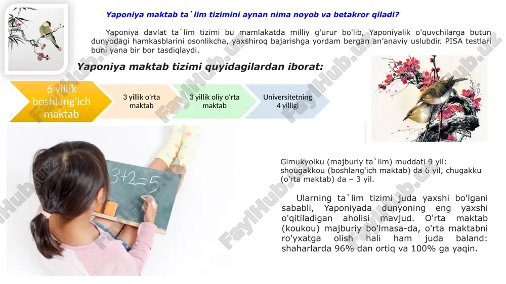 uda ham muhim. shu maqsadda namangan viloyat xalq ta’limi boshqarmasi dunyoning rivojlangan mamlakatlari bilan izchil hamkorlik o‘rnatmoqda. yaqinda viloyatimiz xalq ta’limi xodimlari qatorida men ham yaponiyaga bordim. sayohatimiz davomida kunchiqar mamlakat ta’lim tizimidagi ilg‘or tajribalar va zamonaviy metodlarni o‘rganib qaytdik. biz tokio prefekturasidagi 5 ta obyekt­da bo‘ldik. jumladan, tokio­ning nakano hududidagi “nakano city, kamisaki kindergarten” maktabgacha ta’lim tashkiloti, “kita — nakano junior high school” o‘rta maktabi, “nakano musashidai” boshlang‘ich maktabi, suginami hududidagi “suginami junior high school” maktabi hamda “shin-kyoku­shinkai” xususiy karate maktabida bo‘ldik. mazkur muassasalardagi o‘quv jarayonini kuzatib, yaponiya ta’limidagi yuksak taraqqiyot asoslarini angladik. yaponcha ta’lim tarbiyadan boshlanadi 14 / 01 / 2020 yaponiya ta’lim tizimi 3 bosqichga bo‘linadi. boshlang‘ich ta’lim 1-sinfdan 6-sinfgacha, o‘rta ta’lim 7-dan 9-sinfgacha, yuqori ta’limga esa 10-11-sinflar yoki kollejlar kiradi. majburiy ta’lim 9 yillik bo‘lib, davlat konstitutsiyasining 26-moddasida belgilab qo‘yilgan, yuqori ta’limda esa o‘quvchi ixtiyoriy o‘qiydi. ammo yapon o‘quvchilarining 98 foizi yuqori ta’limda o‘qishni lozim topishadi. …