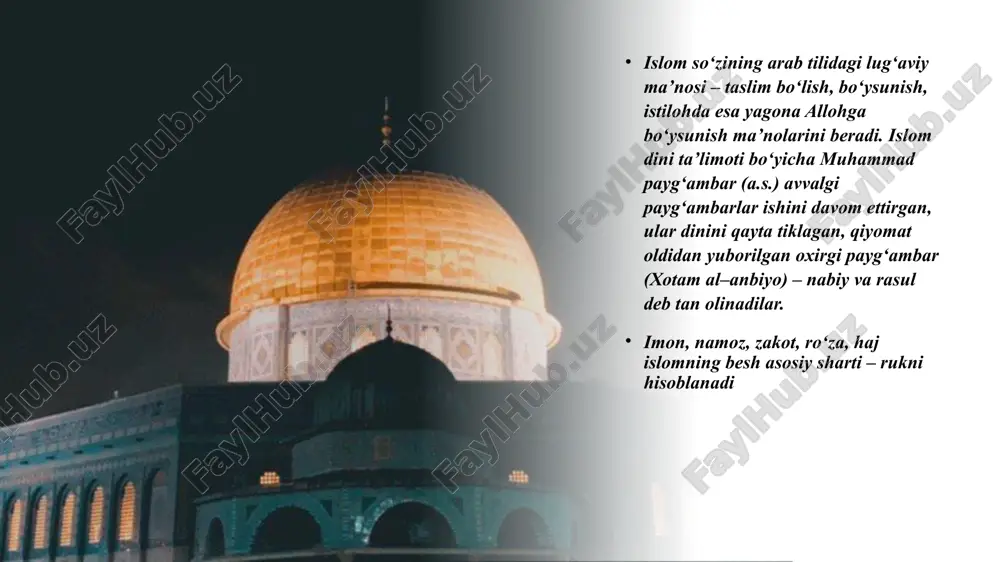 ikkita aqidaviy – ash'ariy va moturidiylik hamda 4 ta fiqhiy – hanafiylik, shofi'iylik, molikiylik va hanbaliylik mazhablari mavjud. sunniylikdagi eng keng tarqalgan va aqidaviy jihatdan bag‘rikenglikka moyil mazhab hanafiylikdir. unga sunniy musulmonlarning 49 foizi e'tiqod qiladi. foydalanilgan adabiyotlar ochildiyev a. dinshunoslik asoslari, o’quv qo’llanma. toshkent, -2013. tulemetova g., oblomurodov n., hasanboyev o’. dinshunoslik. t. -2019. mahkamov q. dinshunoslik, o’quv qo’llanma. namangan, -2020 raximdjanov d.a., ernazarov o.k. dinshunoslikka kirish. toshkent, -2018 e’tiboringiz uchun rahmat! image1.png image2.png image3.png image4.png image5.jpeg image6.jpeg image7.png image8.png image9.jpeg image10.jpeg image11.jpeg image12.png image13.jpeg image14.png /docprops/thumbnail.jpeg