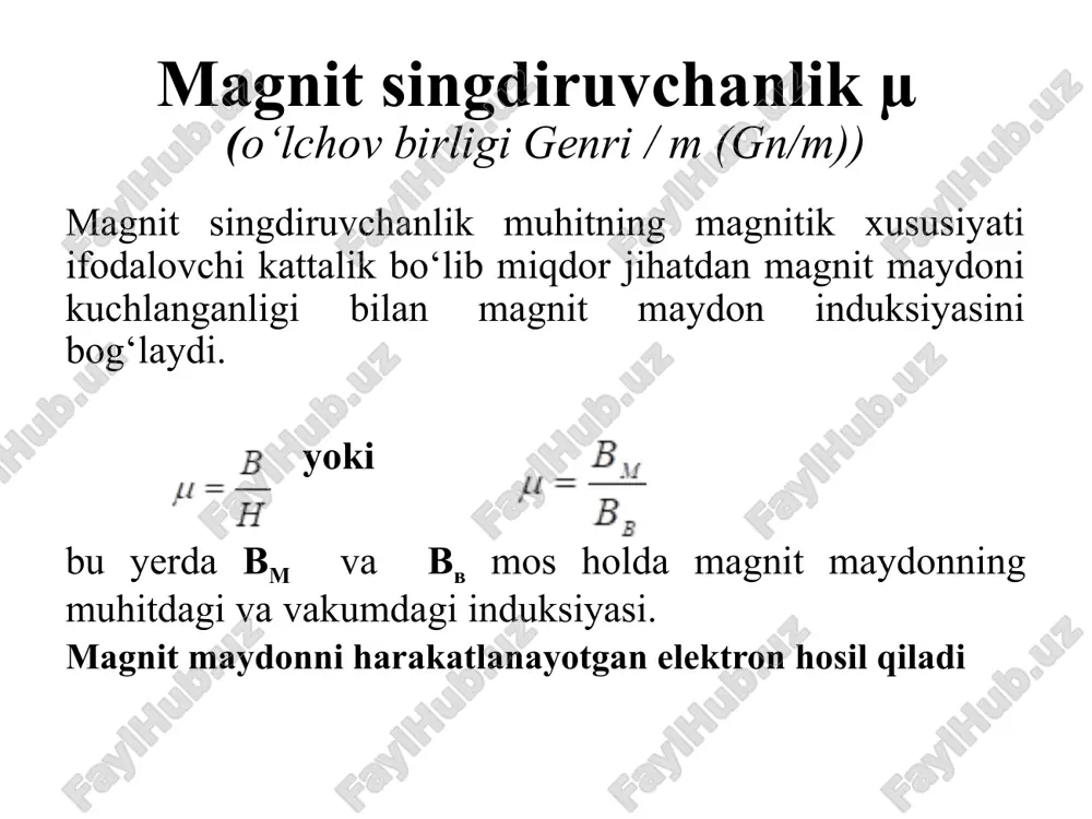 etuvchi mexanik kuch yoʻnalishini aniqlaydigan qoida. agar chap qoʻlni magnit maydon kuchlanganligi kaftga tomon yoʻnaladigan qilib, ochilgan toʻrt barmoqni tok yoʻnalishi boʻyicha tutilsa, u holda bosh barmoq oʻtkazgichga taʼsir etuvchi kuch yoʻnalishini koʻrsatadi. magnit maydoni hosil qilish uchun galtaklar ishlatiladi galtak induktivligi 1 n 1 genri = 1 a x 1 m galtakdan 1 a tok utganda uning 1 m kismida 1 n kuch xosil bulsa bu galtakning induktivligi 1 genri (gn) deb kabul kilingan. magnit maydonining asosiy kattaliklari magnit maydon kuchlanganligi bio-savar-laplas qonuni o‘lchov birligi a/m 2. magnit oqimi f, o‘lchov birligi veber (vb); aktiv qarshiligi 1 om bo‘lgan konturdan 1 kulon zaryad o‘tganda hosil bo‘ladigan oqim. yoki magnit maydoni induksiyasining oqim o‘tayotgan yuzaga ko‘patmasi f = b s cosα 3. magnit maydon induksiyasi o‘lchov birligi tesla (tl) 4. muxitning magnit singdiruvchanligi µ = v/n ayrim moddalarning magnit singdiruvchanligi xavo, alyumin, volfram 1 yumshoq temir 8000 kobalt 175 cho‘yan …