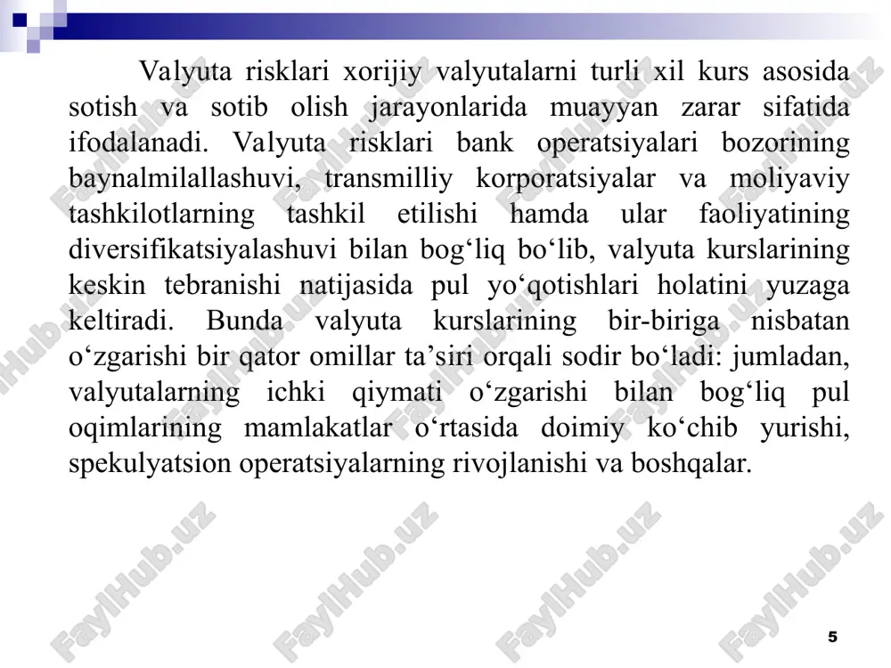 sport qiluvchi, agarda u tovarlarni to‘lovi kechiktirilgan holda sotgan bo‘lsa, va baho valyutasi sifatida import qiluvchi valyutasi yoki uchinchi davlat valyutasi olingan bo‘lsa, valyuta riskiga duchor bo‘ladi. agarda, baho valyutasining kursi eksport qiluvchi milliy valyutasiga nisbatan pasaysa, unda eksport qiluvchi zarar ko‘rishi mumkin. shunday qilib, eksport qiluvchi uchun valyuta riski bo‘lib, shartnomaning tuzilishidan to ijro etilgunga qadar davr ichida, baho valyutasi kursining milliy valyutaga nisbatan pasayishi hisoblanadi. demak, valyuta riski barcha tashqi iqtisodiy aloqalar bilan bog‘liq shartnomalarga ta’sir etadi. import qiluvchi uchun valyuta risklari quyidagi holatlarda vujudga keladi: agarda, tovarlar, bahosi chet el valyutasida qat’iy belgilanib sotib olinayotgan bo‘lsa. bunda, agar chet el valyutasining kursi import qiluvchi valyutasiga nisbatan ko‘tarilsa, unda import qiluvchi tomonidan sotib olingan tovarlar uchun haq to‘lashda, milliy valyutada ko‘proq xarajat qilinishiga to‘g‘ri keladi. ma’lumki, hech bir xalqaro savdo shartnomasi bir kun ichida tuzilib, u bo‘yicha to‘lov ham bir kun ichida amalga oshmaydi. shunga ko‘ra, albatta, valyuta …