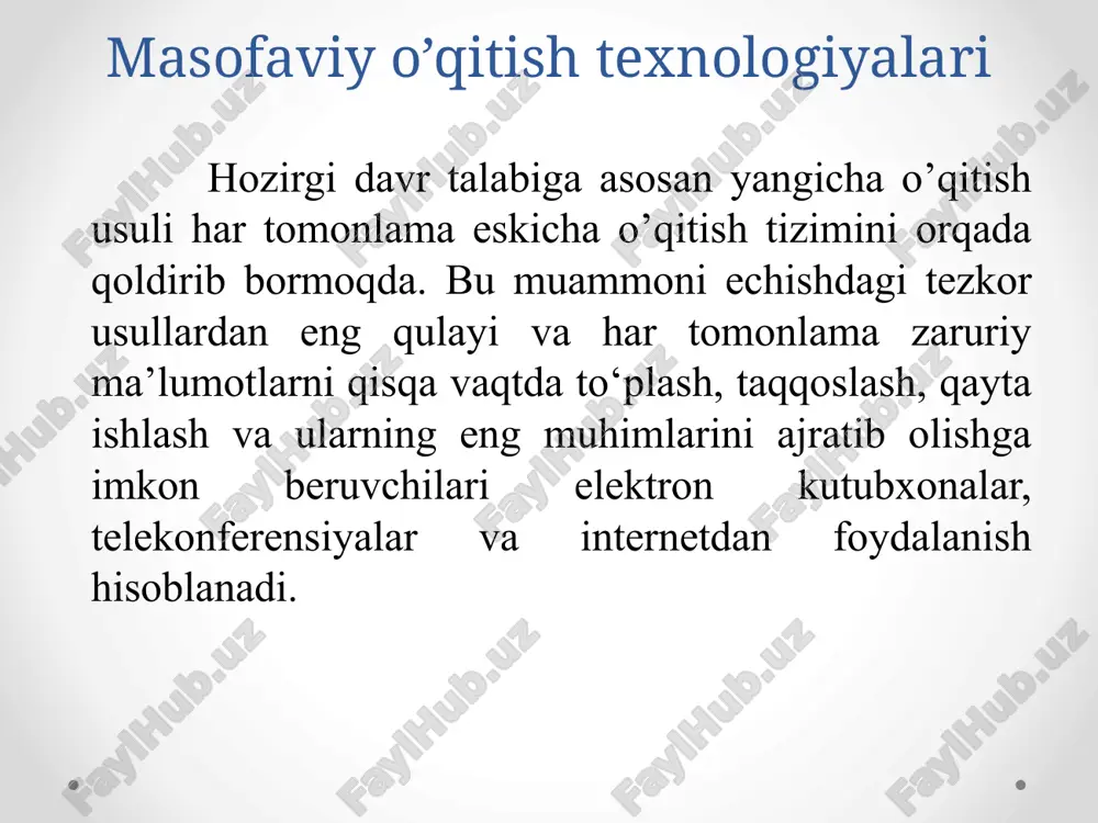 osan virtual xolatdagi ta’lim turida emas, balki oddiy (kunduzgi va sirtqi) ta’lim turlarida o‘qish istagida bo‘lishadi. davlat masofaviy ta’lim standartlari yo‘qligi va natijada davlat nusxasidagi diplom berilmasligi. shu sababdan ko‘pgina masofaviy ta’lim kurslari bitiruvchilariga faqat ushbu kursni bitirganligi haqida sertifikat yoki guvoxnomalar berishadi. virtual muxit va texnika ta’minot bilan bog‘liqligi. masofaviy ta’lim internet borligi, undan foydalanish narxi, tezligi va servislar mavjudligiga, maxsus kommunikasion texnikalar mavjudligi va ular ishlashiga ta’alluqligi. masofaviy ta’limning asosiy texnologiyalariga kuyidagilarni kiritish mumkin: interaktiv texnologiyalar: internet masofaviy ta’lim portali. video va audio konferensiyalar. elektron pochta orqali ta’lim. internet orqali mustaqil ta’lim olish. uzoqdan boshqarish sistemalar. onlayn simulyator va o‘quv dasturlar. test topshirish sistemalari. interaktiv bo‘lmagan texnologiyalar: video, audio va bosmaga chiqarilgan materiallar. televizion va radio ko‘rsatuvlar. disklarda joylashgan dasturlar. elektron o‘quv qo‘llanma… zamonaviy ta’lim taraqqiyoti shunday imkoniyatlarga yaratilgan kompyuter paketlaridan tashkil topishi mumkin, uyda shaxsiy kompyuterlarda, mustaqil ishlash uchun jihozlangan oliygohlarda, kompyuter sinflarida, yotoqxonalarda, maxsuslashtirilgan malakaviy auditoriyalarda …