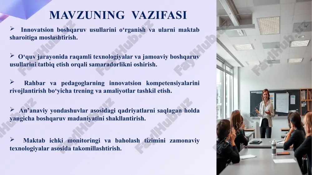 kratik ishtirok etish imkoniyatlari yetarli emasligi takliflar chora-tadbirlar rejasi t/r muammo amalga oshirish mexanizmi mas’ullar muddati natija 1 maktab boshqaruvida innovatsion yondashuvlar yetarli darajada qo‘llanilmasligi 1. innovatsion boshqaruv kompetensiyalarini aniqlash bo‘yicha ichki monitoring tashkil etish. 2. aniqlangan ehtiyojlar asosida rahbar va o‘qituvchilar uchun innovatsion menejment bo‘yicha malaka oshirish seminarlarini tashkil etish. direktor, metod birlashma rahbarlari, akt mutaxassisi 2025-yil sentabr - oktabr boshqaruvda innovatsion yondashuvlar ko‘lamining kengayishi, menejerlik madaniyatining shakllanishi paydo boʻladi. 2 an’anaviy boshqaruv tamoyillari zamonaviy sharoitda yetarlicha uyg‘unlashtirilmaganligi 1. maktabda ustoz-shogirdlik, pedagogik maslahat, ota-onalar bilan milliy qadriyatlarga asoslangan hamkorlik modellarini takomillashtirish. 2. bularni raqamli vositalar (video-arxiv, onlayn maslahatlar, elektron ota-ona yarmarkasi) orqali qo‘llab-quvvatlash. o‘ibdo‘, mmibdoʻ, akt mutaxassisi har chorakda qadriyatga asoslangan boshqaruvni saqlagan holda zamonaviy talablar bilan uyg‘un tizim vujudga keladi. 3 qaror qabul qilish jarayonida demokratik ishtirok etish imkoniyatlari yetarli emasligi 1. o‘quvchi, o‘qituvchi va ota-onalardan iborat maslahat kengashlarini tuzish. 2. qarorlar muhokamasini onlayn va an’anaviy yig‘ilishlar orqali …