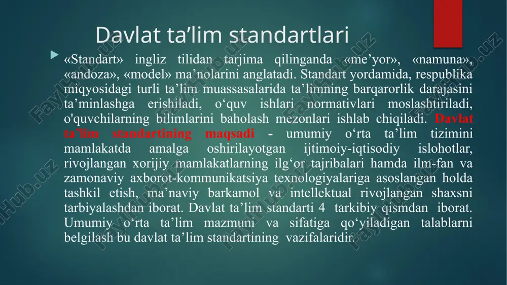 asida tafakkurning rivojlanganligini bilish mumkin. tafakkurni shakllantirishga yo‘naltirilgan pedagogik faoliyat bu aqliy tarbiya turiga kiradi.bolada tafakkurning rivojlanganlik darajasi matematik savollar orqali bilish lozim. maktabga tayyorgarlikning aqliy va maxsus tayyorgarligi bu -savodxonlikka o‘rgatish va egallashi lozim bo‘lgan tushunchani shakllantirishdan iborat. bolani maktabga bog’chaga borgan kundan boshlab tayyorlash kerak. umumiy o‘rta va o‘rta maxsus ta’lim umumiy o‘rta ta’lim (i — xi sinflar) bosqichlari quyidagilardan iborat: boshlang‘ich ta’lim (i — iv sinflar); tayanch o‘rta ta’lim (v — ix sinflar); o‘rta ta’lim (x — xi sinflar). umumiy o‘rta va o‘rta maxsus ta’lim umumta’lim o‘quv dasturlarini, zarur bilim, malaka hamda ko‘nikmalarni o‘zlashtirishga qaratilgan. boshlang‘ich ta’lim boshlang‘ich ta’limga (i — iv sinflar) umumiy o‘rta ta’lim tashkilotining birinchi sinfiga bolalar ular yetti yoshga to‘ladigan yilda qabul qilinadi. boshlang‘ich ta’lim ta’lim oluvchilarda umumiy o‘rta ta’limni davom ettirish uchun zarur bo‘lgan yozish, oʻqish, hisoblash malaka va koʻnikmalarini hosil qilish, tabiat va jamiyat haqida ilk bilimlar berish, xulq-odobga oʻrgatishdir. tayanch …