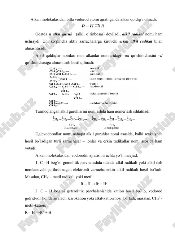 an fazoda joylashishiga aytiladi. alkanlar xiral bo`lishi mumkin, masalan, 3-metilgeksan to`rtta turli o`rinbosarli assimetrik uglerod atomi tutadi: shu birikmalar c-h bog` yo`nalishida qaralganda: har bir enantiomer o`z molekulasining absolyut konfiguratsiyasiga, ya`ni xiral element atrofida o`rinbosarlarni fazoviy joylashishiga ega. uglevodorodlarda c-c bog` atrofida burilish oson kechadi, shuning uchun fazoda atomlarini joylashishi, ya`ni konformatsiyasi bilan farq qiluvchi molekulalar ko`p bo`ladi. ma`lum konfiguratsiyali molekula konformatsiyasi deb bog`lar atrofida burilish natijasida molekula atomlarini fazoda turlicha joylashgan holatlariga aytiladi. konformatsiyalar barqarorligi bilan farqlanadi. fizik-kimyoviy taxlillar yordamida o`rganish mumkin bo`lgan barqaror konformatsiyalar konformerlar deyiladi. konformer – bu konformatsiyadagi molekula bo`lib, uning atomlari turli siljishlardan keyin yana ushbu shaklga qaytadi. eng barqaror konformatsiyalarda atomlar orasidagi itarilish kuchi kichik bo`ladi. ularni tormozlangan konformatsiyalar deb nomlaydilar. aksincha, atomlar bir-biriga yaqin joylashgan konformatsiyalarda (alkanlar misolida vodorod atomlari) barqarorlik past bo`ladi va ular to`siqli konformatsiyalar deyiladi. amalda turli konformatsiyalar dinamik muvozanatda turadilar, va bitta tormozlangan konformatsiya ikkinchisiga to`siqli orqali o`tishi burilish …
