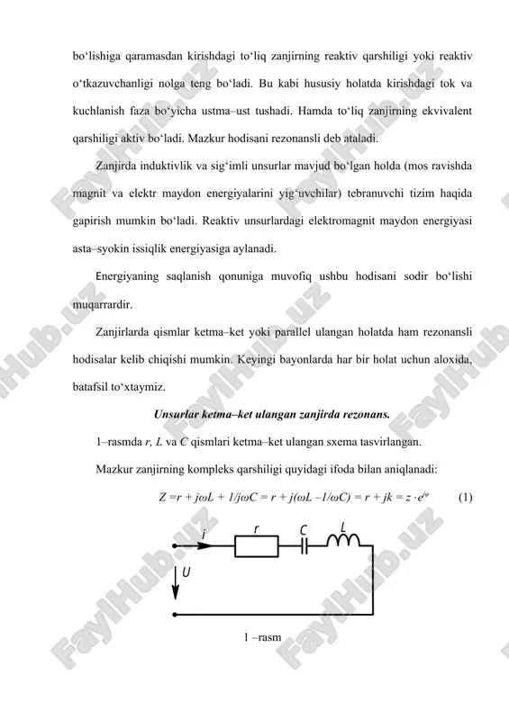 ba kuchlanishi (toki) dan bir necha marta ortib ketadi. elektr zanjirlaridagi bu rejim kuchlanishlar (toklar) rezonansi deb ataladi. bu rejimda zanjirning reaktiv quvvati nolga teng bo'ladi. rezonans yuzaga keladigan chastota rezonans chastotasi deb ataladi. elektr zanjirlarida rezonans rejimlaridan elektrotexnikada, radiotexnikada va elektr o'zgartgichlarda keng foydalaniladi. ayrim hollarda esa, zanjirda rezonans hodisasi yuzaga kelishi noqulayliklarni tug'diradi (masalan, uzatish liniyalarida va transformatorlarda kuchlanish va toklarni keskin ortib ketishi o’lchash asboblarini hamda izolyatsiyani ishdan chiqishiga olib keladi). kuchlanishlar rezonansir, l va celementlari ketma-ket ulangan zanjirni ko'rib chiqamiz (2.20-rasm, a). zanjirning kompleks qarshiligi: z=r+j(ωl - ) . kuchlanish rezonansi shartiga ko`ra: x=ωl-1/ωc=0 yoki ωl=1/ωc, bunda ωr=1/ — rezonans chastotasi. kuchlanish rezonansi rejimi uchun tok va kuchlanishlar vektor diagrammasi 8 – rasm, b da keltirilgan. unda reaktiv elementlardagi kuchlanishlarning modul qiymatlari teng, yo`nalishlari esa qarama – qarshi. rezonansi shartidan ko`rinib turindiki, zanjirda bu rejimni hosil qilish uchun manba chastotasini rostlab yoki zajir xususiy chastotasini l …