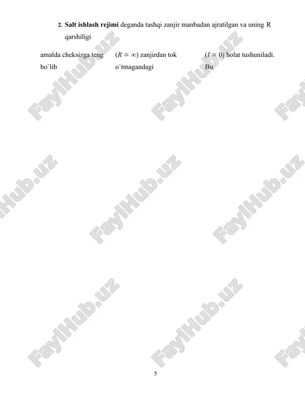 3  j3 r3  o  ju ru tarmoqlardagi toklarni hisoblash qo`yidagicha bajaralidi. e1-u e2-u e3-u o-u j1=------- j2=------- j3= ------ j4= -------- 18 r1 r2 r3 r4 1-rasm. murakkab elektr zanjirlari. 2. qo`shilish usulini mohiyati shundan iboratki, agar zanjirda bir necha eyuk bo`lsa, zanjirning har bir qismidagi toklarni bir-biridan mustaqil holda, shu qismlardagi eyuk lar hosil qiladi deb hisoblash mumkin(2-rasm). natijaviy yuklarni topish uchun hususiy toklarni yo`nalishini hisobga olgan holda ularni qo`shamiz. 3. kontur toklar usuli. bu usulni qo`llashda murakkab zanjirda kontur toklari qabul qilinib yo`nalishlari qabul qilinadi. avvalo bu konturlar uchun kirxgof qonuniga asoslanib tenglamalar tuziladi. bu tenglamalar sistemasini yechish natijasida kontur toklar qiymatlari aniqlanadi. so`ngra bu toklar asosida zanjir elementlaridagi xususiy toklar aniqlanadi. adabiyotlar ro`yhati: 1. a.s.karimov va boshkalar. elektrotexnika va elektronika asoslari. t. «ukituvchi» 1995 yil. 2. a.ya.shixin i drugie. elektrotexnika. m. «visshaya shkola» 1989 god. 3. a.raximov. elektrotexnika va elektronika asoslari .t. «ukituvchi» 1998 …