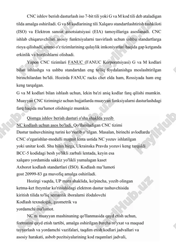 hujjatlar muammolarini kompyuter yordamida hal qilish imkonini beruvchi dasturiy ta'minot. cam (kompyuter yordami bilan ishlab chiqarish) tizimlari (kompyuter yordamida ishlab chiqarish) cnc ishlov berish uchun asboblar traektoriyalarini hisoblashni avtomatlashtiradi va kompyuter yordamida boshqaruv dasturlarining chiqishini ta'minlaydi. cae (kompyuter tomonidan qo'llab-quvvatlanadigan muhandislik) tizimlari (muhandislik hisoblashlarini kompyuter yordamida ta'minlash) turli xil muhandislik muammolarini hal qilish uchun, masalan, tizimli quvvatni hisoblash, issiqlik jarayonlarini tahlil qilish, gidravlik tizimlar va mexanizmlarni hisoblash uchun mo'ljallangan. umuman olganda, boshqaruv dasturini yozish jarayoni 3 asosiy bosqich shaklida (1.2-shakl) taqdim etilishi mumkin. anjir. 1.2. cad/cam tizimida boshqaruv dasturini ishlab chiqish bosqichlari birinchi bosqich - cad tizimida dizayner tomonidan 3d-modelni (qoida tariqasida, cad tizimida) yaratish, shuningdek, ish qismini yaratish (qoida tariqasida, cad tizimida texnolog-dasturchi tomonidan amalga oshiriladi); ikkinchi bosqich - texnolog-dasturchi tomonidan cam tizimida ishlov berish traektoriyasini yaratish; uchinchi bosqich - boshqaruv dasturini tekshirish (verifikatsiya). nc dasturlarini yaratishning eng batafsil jarayoni cad/cam tizimi quyidagi bo'limlarda muhokama qilinadi. 1.2 asosiy g …