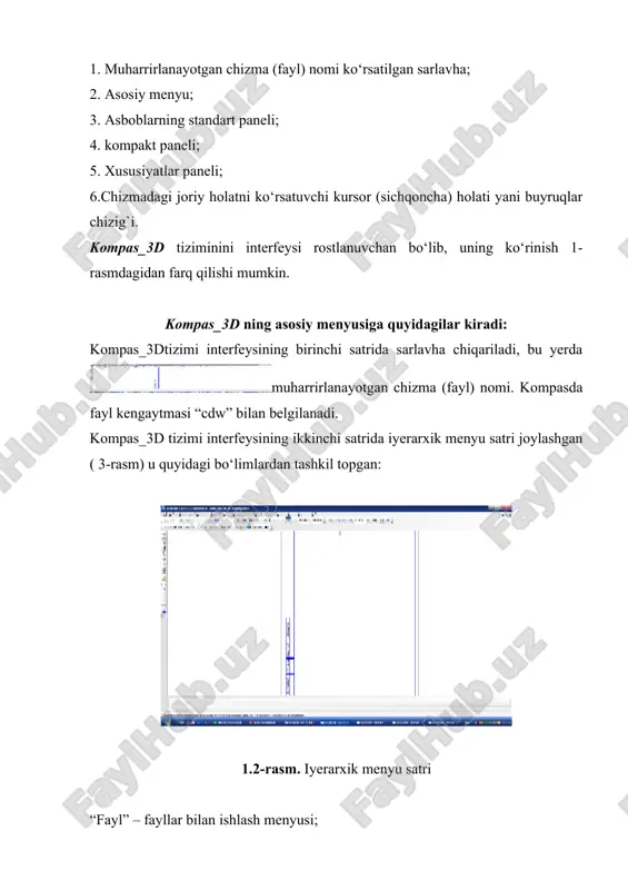 lokalnaya sk”- koordinata qo`yish; “ortogonalnoye chercheniye (f8)”- orthogonal tasvir ularni o`chirish va oqish; “skrugleniye(f7)”- tasvirlarni bo`yab olishni o`chirish va yoqish; “koordinati kursora (alt+x)”- kursor koordinatalari; “kompaktnaya panel”- “chizish” paneli ushbu panel chizish uchun kerakli bo`lgan xamma buyruqlarni o`zida mujassamlashtirgan. 1.5-rasm. “kompaktnaya panel”- “chizish” paneli geometriya razmeri oboznacheniya oboznacheniya dlya stroitelstva redaktirovaniye parametrizatsiya izmereniya 2d videleniye vidi spetsifikatsiya bularni uzi xam uz navbatida bir qancha buyruqlarga bo`linadi. masalan: geometriya 1. “tochka” - nuqta 2. “vspomogatelnaya pryamaya” – yordamchi chiziqlar 3. “otrezok” - chiziq 4. “okrujnost” – aylana chizish 5. “duga” – duga chizish 6. “ellips” – elepis chizish 7. “neprerivniy vvod ob’ektov” – chiziqni uzmasdan chizish 8. “liniya” - liniya 9. “multiliniya” – bir nechta chiziq xosil qilish 10. “krivaya beze” – aylana chiziq chizish 11. “faska” – faska chizish 12. “skrugleniye” – burchaklarni aykana qilish 13. “pryamougolnik” – to`rtburchaklar chizish 14. “sobrat kontur” – kontur yig`ish 15. “ekvidistanta krivoy” – …