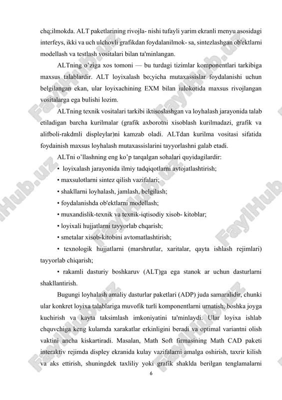 (marshrutlar, xaritalar, qayta ishlash rejimlari) tayyorlab chiqarish; • rakamli dasturiy boshkaruv (alt)ga ega stanok ar uchun dasturlarni shakllantirish. bugungi loyhalash amaliy dasturlar paketlari (adp) juda samaralidir, chunki ular konkret loyixa talablariga muvofik turli komponentlarni urnatish, boshka joyga kuchirish va kayta taksimlash imkoniyatini ta'minlaydi. ular loyixa ishlab chquvchiga keng kulamda xarakatlar erkinligini beradi va optimal variantni olish vaktini ancha kiskartiradi. masalan, math soft firmasining math cad paketi interaktiv rejimda displey ekranida kulay vazifalarni amalga oshirish, taxrir kilish va aks ettirish, shuningdek taxliliy yoki grafik shaklda berilgan tenglamalarni echishga imkon yaratadi. yaratilgan grafiklarga istalgan tushuntiruvchi mati kiritilishi mumkin, grafiklarning uzi esa ma'lumotlar bazasida saklanadi va istalgan matnli xujjatda keyinchalik xam mavjud buladi. math cad tizimi trigonometrik funktsiyalarga ega bo’lib, masalan, si xalkaro tizimidan foydalanish imkonini beradi. bundan tashkari kurilgan sintaksik analizatori kiritilayotgan formulalarning sintaksik jixatdan tugriligini tekshiradi. loyihalash — odam faoliyati yoki loyhani bunynyod qilish bo’yicha tashkilot, shunga o’xshashni bo’lishi, mumkin bo’lgan …