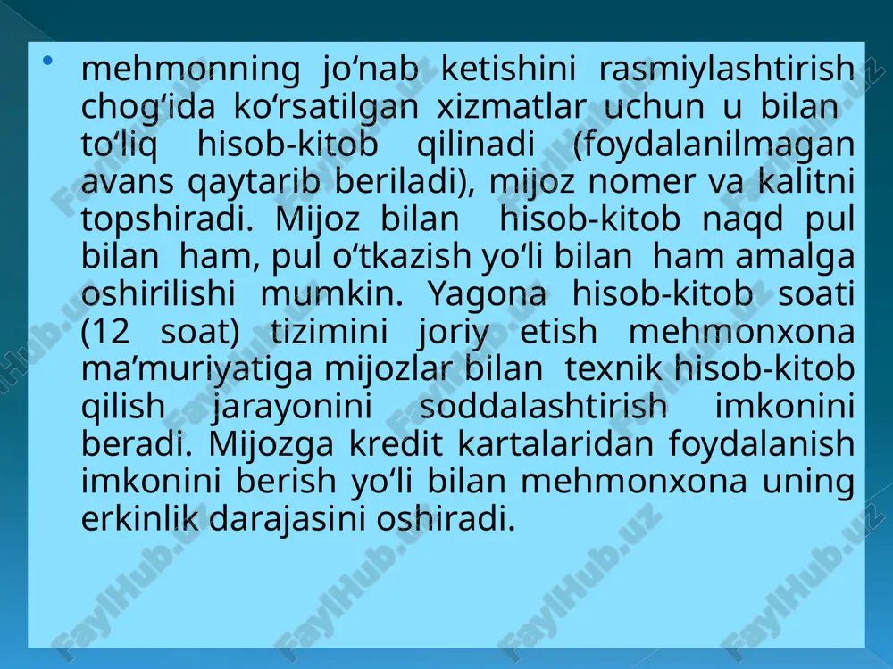 blarning zarur miqdori esa ancha kam: birinchi toifa uchun – 90; komfortli toifa uchun – 50; standart toifa uchun – 15. bundan tashqari, mazkur korxonalarga ko‘pi bilan birinchi toifa (4 yulduz) berilishi mumkin. e’tiboringiz uchun rahmat! image2.png image3.jpeg image4.jpeg image5.jpeg image6.jpeg image7.jpeg image8.jpeg /docprops/thumbnail.jpeg