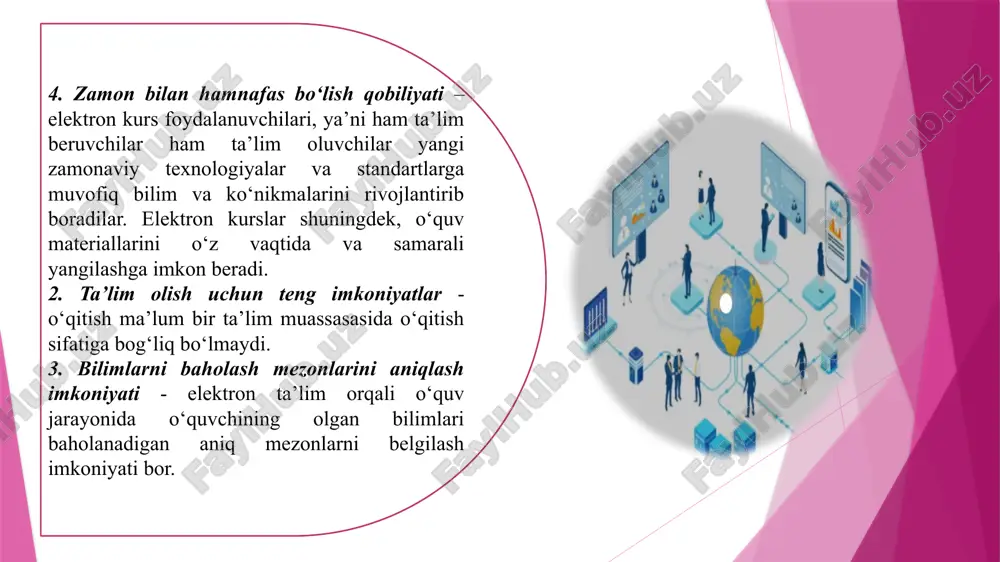 ilib, ularda talabalar o‘qituv-chilardan maslahatlar olishi ëki yakuniy imtixon topshi-rishlari mumkin. yagonalik modelida o‘qitish. ochiq universitetlarda, masalan, buyuk britaniyaning ochiq universiteti (united kingdom open university – http://www. open.ac.uk) da tashkil etilgan. ikkilanganlik modeli. oliygox kunduzgi talabalarni ham, qisman kunduzgi va qisman masofali dastur asosida o‘qitadi. har ikkalasida ham dars jadvallari, o‘qitish dasturlari, imtihonlari va baholash mezonlari bir xil bo‘ladi. bunday model avstraliyaning yangi angliya universiteti (university of new england, australia – http://www.une.edu.au ) da tashkil etilgan. aralash model. bu modelda ishlayotgan universitet, talabalarni masofali o‘qitishda turli shakllarning integratsiyasini nazarda tutadi. masalan, kunduzgi shaklda o‘qiyotgan talabalar masofali o‘qitish kurslarining dasturlarida yoki universitetning o‘qituvchisi dars berayotgan kunduzgi kurslari bilan qisman o‘qiydilar. konsorsium. ikki universitetni birlashmasidan iborat bo‘lib, universitetlar o‘quv materiallari bilan almashadilar yoki ba’zi vazifalarni bo‘lishib oladilar. kanadadagi ochiq o‘quv agentligi (open learning agency, canada – http://www.ola.bc.ca) konsorsiumga misol bo‘lishi mumkin. validatsiya. bosh oliygox va uning xududlardagi ko‘p sonli filiallari orasidagi munosabatlar …
