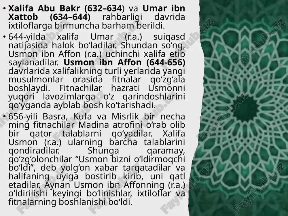 d bo‘lib, xavorij va shia firqalaridan farqli ravishda ular bir–birlarini rad etmaydilar. bugungi kunga qadar ham, sunniy ulamolar to‘rttala fiqhiy va ikkala aqidaviy mazhablarning to‘g‘ri ekani, ularning bir–birini to‘ldirishi, bunday farqlilik tarixiy, ijtimoiy omillar mahsuli ekani va bu musulmonlar uchun osonlik yaratishiga ittifoq qilishgan. sunniylar va shialar o‘rtasidagi farqli jihatlar sunniylikda 7 ta aqida tan olinsa, shialar quyidagi 5 aqidaga ishonadilar: 1) allohning yagonaligiga; 2)adolatga; 3)oxirat va o‘lganlarning tarilishiga; 4)payg‘ambarlarga; 5) imomat (ali va uning avlodlari imomlar deb ataladi). imomat – shialikda davlatni boshqarish huquqi haqidagi ta’limot bo‘lib, unga ko‘ra musulmonlar jamoasi yoki davlatida faqat muhammad payg‘ambar avlodi (kuyovi ali bilan qizi fotimadan tarqalgan avlod) hukmron bo‘lishi haqidagi ta’limotdir. sunniylar uchun imomlar odamlar tomonidan saylanadigan yoki tayinlanadigan diniy rahbardir. ikkinchidan, shialar dastlabki uchta xalifaning hokimiyatini tan olmaydilar. uchinchidan, shialar kalima shahodatga “aliyan valiuuloh” so‘zlarini qo‘shib aytadilar. to‘rtinchidan, shialar sunniylarning hadislarini tan olmaydilar. shuning uchun ham muhammad, ali va uning avlodlari …