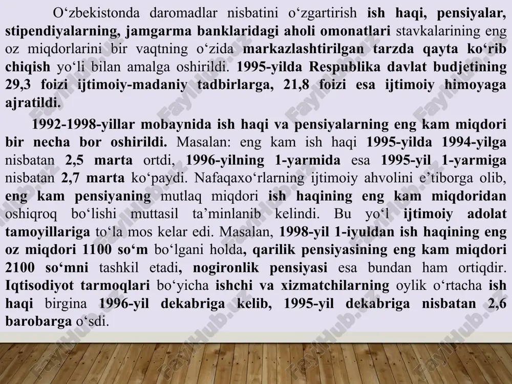 o‘quv yurtlari o‘qituvchilari) 50 % miqdorida imtiyoz berish; kommunal xizmat ko‘rsatish va kvartira haqi to‘lashdan to‘liq ozod etish (1-darajali «soglom avlod uchun» ordeni bilan mukofotlanganlar oilasi, yolg‘iz pensionerlar); elektr energiyasidan foydalanganligi uchun 50 % chegirma berish (oyiga 110 kv.s.) (nogironlar oilasi); yer solig‘i to‘lashdan ozod etish (16 yoshgacha bo‘lgan 5 va undan ortiq ko‘p bolali oilalar, nogironlar oilalari); olinayotgan barcha daromadlardan soliqqa tortilmaydigan minimal daromadning 4 karrasi miqdorida (16 yoshgacha bo‘lgan 2 va undan ortiq farzandli yolg‘iz onalar); 16 yoshgacha bo‘lgan 2 va undan ortiq farzandi bo‘lgan yolg‘iz ota, bevalar va boquvchisini yo‘qotganligi uchun nafaqa olayotganlar barcha daromadlarining 30 % dan; yoshligidan nogiron bo‘lib qolgan bolalarni tarbiya qilayotgan ota yoki onadan birortasi daromad solig‘ining 30 % ni to‘lashdan ozod etiladi. “eng olis hududlarda ham tadbirkorlikni rivojlantirish uchun, avvalo, aholiga tadbirkorlik bo‘yicha yetarlicha tushuncha va bilim berishimiz kerak. tadbirkorlarga imkoniyat va sharoit yaratib bersak, ular o‘zlarini ham, aholini ham ish bilan …