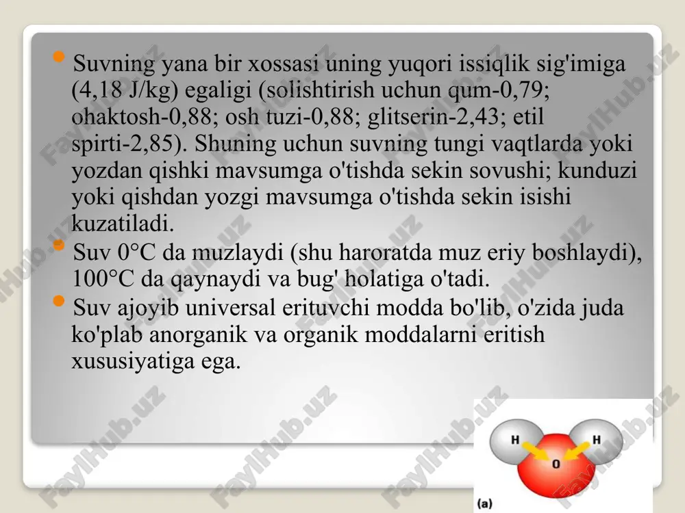 di? 5. eritmalar konsentratsiyalarining qanday turlari mavjud? 6. eritmaning xossalarini tushuntirib bering. 7. qanday eritmalar: a) normal; b) molyar deyiladi? moddaning u yoki bu erituvchida erish xususiyati eruvchanlik deyiladi. ko‘pincha, eruvchanlikni 100 g erituvchi massa birligini mazkur sharoitda to‘yintiruvchi suvsiz moddaning massa birligi soni bilan belgilanadi va bu yo‘l bilan ifodalangan eruvchanlikni eruvchanlik koeffitsienti deyiladi. 100g suvda 1g dan ortiq modda erisa - yaxshi eriydigan, 100g suvda 1g dan 0,001 gacha modda erisa kam eriydigan, 0,001g dan oz eriydigan moddalarga erimaydigan moddalar deyiladi. eritmada erigan modda miqdori ko‘p bo‘lgan eritmalar konsentrlangan eritmalar deyiladi. eritmada erigan modda miqdori kam bo‘lgan eritmalar esa suyultirilgan eritmalar deyiladi. image2.png image3.png image4.png image5.png image6.wmf oleobject1.bin image7.wmf image8.wmf oleobject2.bin oleobject3.bin image9.wmf oleobject4.bin 100 % 1 × = m m c 100 % × × = v d m c v mr m c m × × = 1000 1 v e m c × × = …
