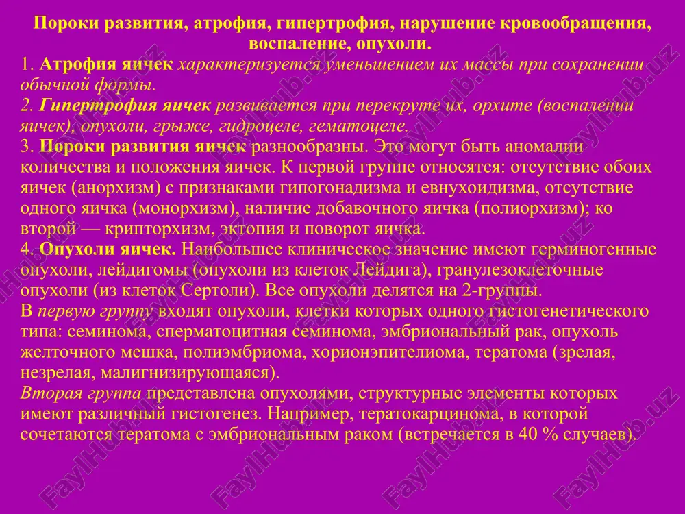 ondan tashqaridagi homiladorlik. 9. platsentar polip. 10. elbo'g'oz. 11. trofoblast kasalliklar. 12. sintsitial endometrit. 13. xorionkartsinoma. bachadon nayi homiladorligi bachadondan tashqaridagi homiladorlik: bachadon nayida, tuxumdonda va qorin bo'shlig'ida bo'lishi mumkin. bachadon nayi homiladorligi nayga qon quyilish va yorilishi peritonit rivojlanishi bilan asoratlanadi. mikro- nay bo'shlig'ida o'zining so'rg'ichlari qatorida yo'ldosh vorsinkalari ham topiladi. elbo'g'oz va preeklampsiya elbo'g'oz – abortdan keyin qoldiq yo'ldosh so'rg'ichlari stromasiga suyuqlik to'planishidan paydo bo'ladi. preeklampsiyada ichki a'zolarda, ya'ni jigarda massiv nekroz va qon quyilishlar paydo bo'ladi. xorionkartsinoma xorinkartsinoma – bu yo'ldosh epiteliysi trofoblastlardan o'sadigan rak hisoblanadi. u, elbo'g'oz, sintsitial endometrit va trofoblast kasalliklaridan keyin rivojlanadi. juda tez avj olib, metastazlar berib ayolni nobud qiladi. xorionkartsinoma xorinkartsinoma – bu yo'ldosh epiteliysi trofoblastlardan o'sadigan rak hisoblanadi. u, elbo'g'oz, sintsitial endometrit va trofoblast kasalliklaridan keyin rivojlanadi. juda tez avj olib, metastazlar berib ayolni nobud qiladi. fibroadenoma. f/18. this well circumscribed and mobile nodule was removed surgically.