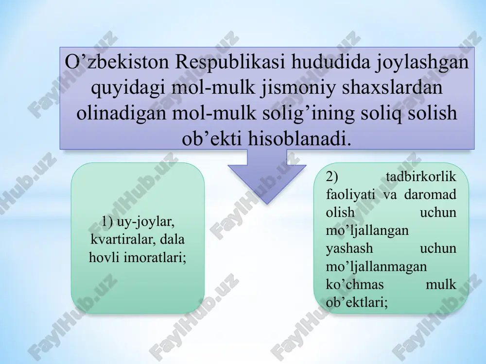 guvohnomasini bergan muassasa rahbarining imzosi va ushbu muassasa muhri bilan tasdiqlangan tegishli yozuvli pensiya guvohnomasi asosida beriladi. 4) energiya resurslarining amaldagi tarmoqlaridan to’liq uzib qo’yilgan turar joylarda qayta tiklanadigan energiya manbalaridan foydalanuvchi shaxslar qayta tiklanadigan energiya manbalari o’rnatilgan oydan e’tiboran uch yil muddatga. mazkur imtiyoz energiya resurslarining amaldagi tarmoqlaridan to’liq uzib qo’yilgan holda qayta tiklanadigan energiya manbalaridan foydalanish to’g’risida energiya ta’minoti tashkilotlari tomonidan berilgan ma’lumotnoma asosida taqdim etiladi. quyidagi jismoniy shaxslarning mulkida bo’lgan mol-mulk oltmish kvadrat metr doirasida soliq solishdan ozod qilinadi: 1) o’n nafar va undan ortiq bolalari bor ota-onalaridan birining. mazkur imtiyoz fuqarolarning o’zini o’zi boshqarish organining bolalar borligini tasdiqlovchi ma’lumotnomasi asosida beriladi; 2) pensionerlarning. mazkur imtiyoz pensiya guvohnomasi asosida beriladi; 3) i va ii guruh nogironligi bo’lgan shaxslarning. mazkur imtiyoz pensiya guvohnomasi yoki tibbiy-mehnat ekspert komissiyasining ma’lumotnomasi asosida beriladi; soliq imtiyozlariga ega bo’lgan shaxslar soliq imtiyozini olishga bo’lgan huquqini tasdiqlovchi hujjatlarni soliq solish ob’ekti joylashgan erdagi soliq …